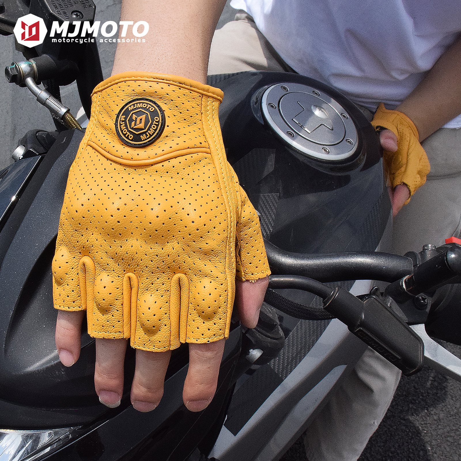 thumbnail video image 2 of MJMOTO Vintage Leather Motorcycle Gloves Half Finger Touchscreen Off Road Riding Gloves with Hard Shell Protection Breathable Motorcyclist Gloves, 2 of 7