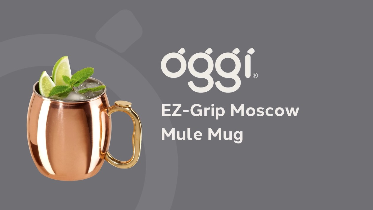 thumbnail video image 2 of Oggi Set of 2 Hammered Stainless Steel Moscow Mule Mugs- 18oz Copper Plated Moscow Mule Cups w/EZ-Grip Handle, Cocktail Cart & Home Bar Accessories, Great Kitchen Gifts 18 oz Hammered (Set of 2), 2 of 9