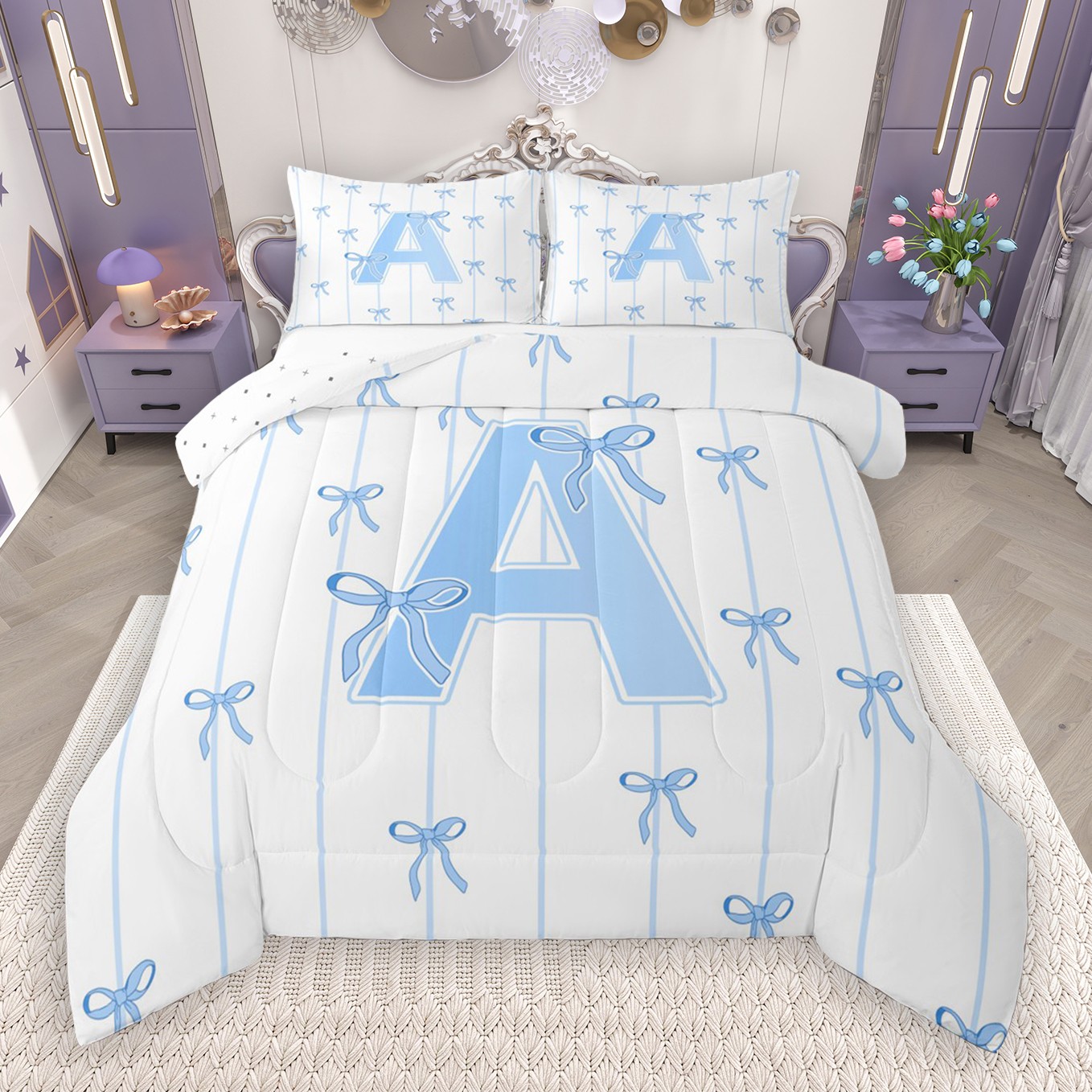 thumbnail video image 2 of Castle Fairy Monogrammed Letter A 2Pcs Bedding Comforter Set for Teens Boys Girls,Kawaii Bow Twin Comforter Sets,Geometric Stripes Breathable Bedding Set,Super Cozy Room Decor, 2 of 9