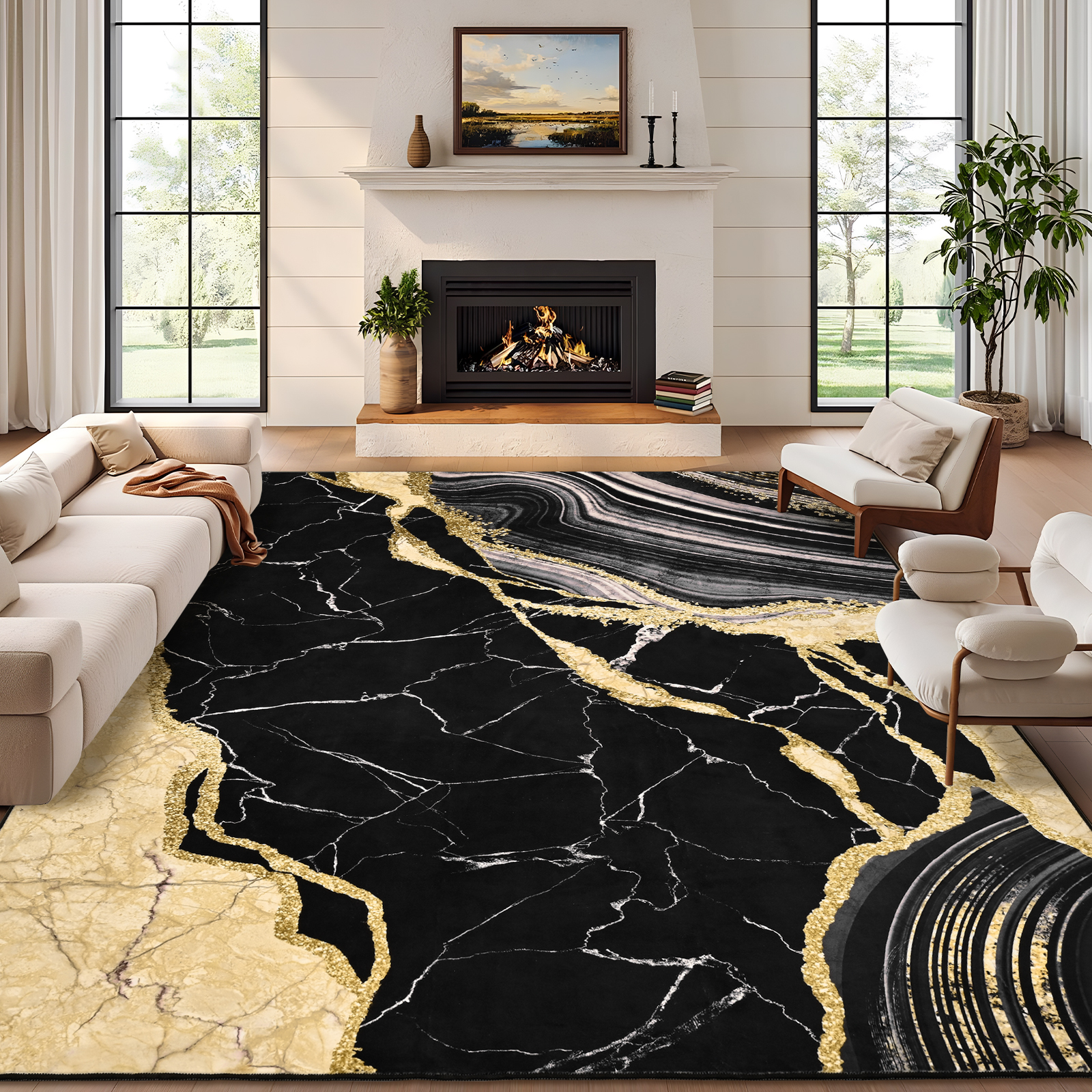 thumbnail video image 2 of Bleum Cade Area Rugs for Living Room 3X5 Machine Washable Rugs Marble Swirl Abstract Rug Indoor Carpet, Soft Lightweight Non Slip Large Rug for Bedroom Dining Room,Black Gold, 2 of 9