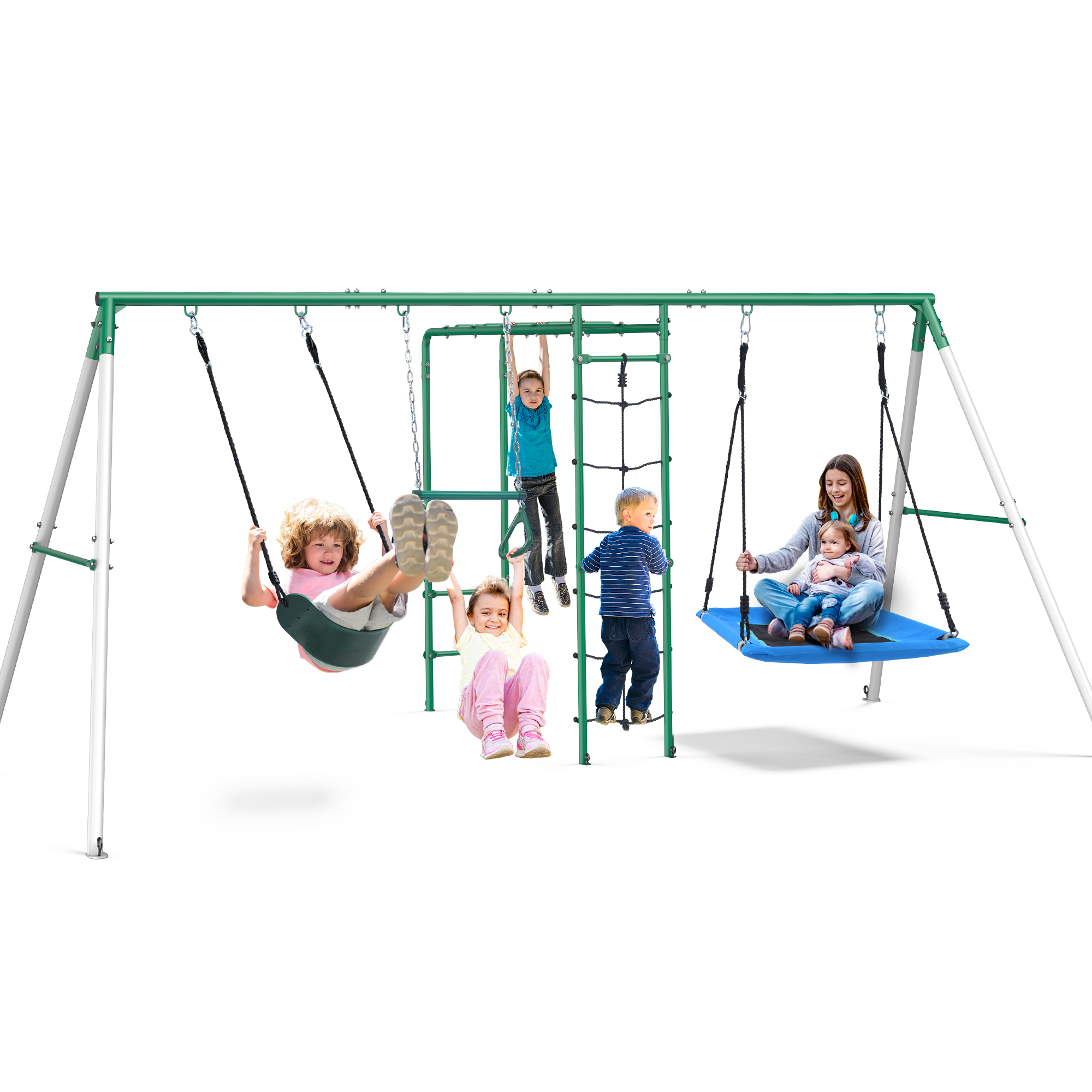 thumbnail video image 2 of KloKick Heavy-Duty Metal Swing Set for Backyard, Outdoor Playset with Monkey Bars, Belt Swing, Platform Swing, Climbing Net, Trapeze Bar, for Kids 3-12, 2 of 12