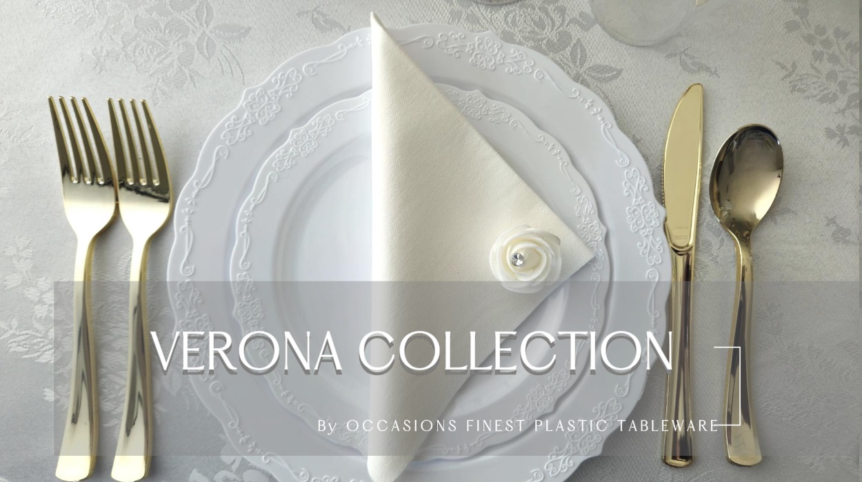 thumbnail video image 2 of " OCCASIONS " 120 Plates Pack,(60 Guests) Vintage Wedding Party Disposable Plastic Plates Set -60 x 10'' Dinner + 60 x 7.5'' Salad / Dessert (Verona Plain White), 2 of 8