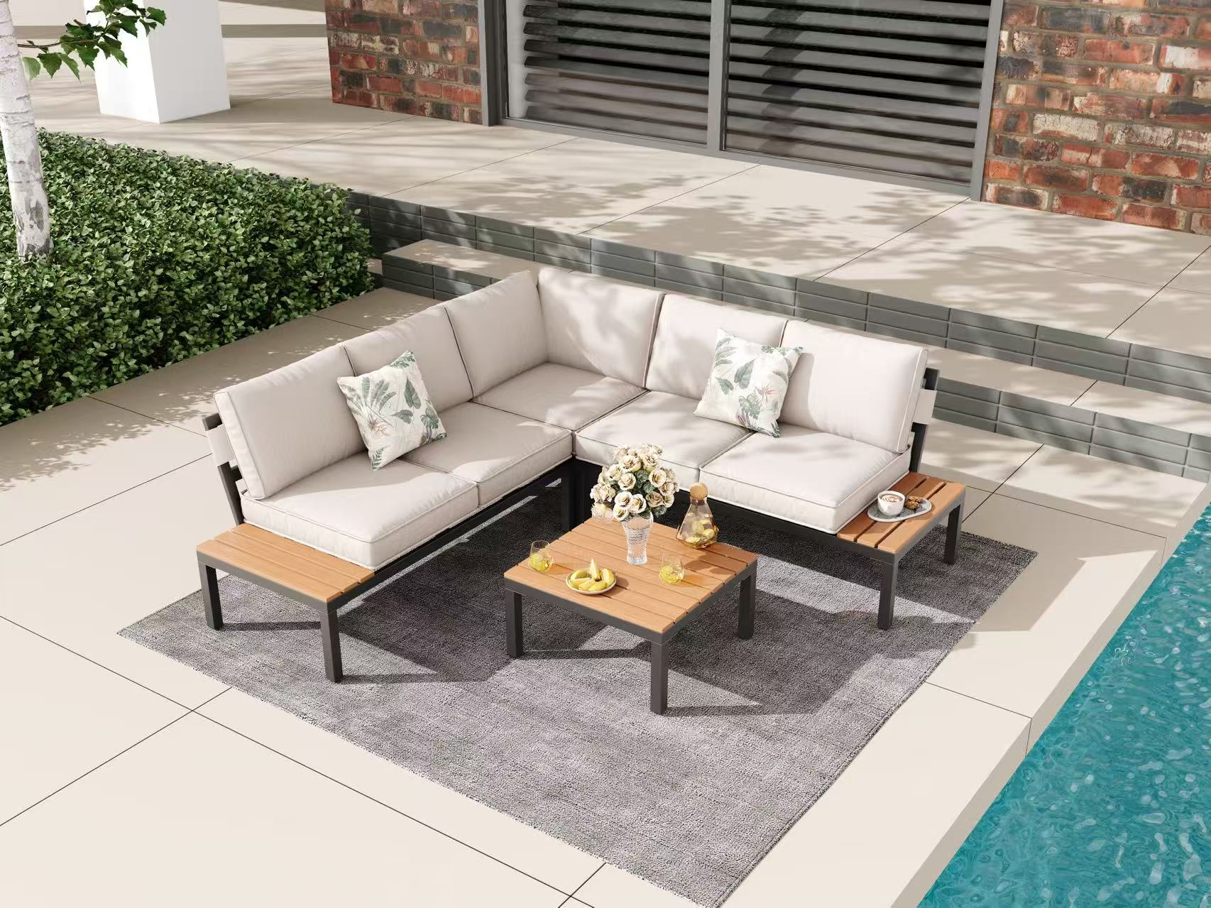 thumbnail video image 2 of JOYURE 4-Piece Patio Furniture Set,Metal Outdoor Sectional Sofa with 3 Fauxwood Tables &Adjustable Reclining Chair,Patio Modular L Shape Sofa with Thickened Cushions for Backyard,Deck,Balcony,Beige, 2 of 9