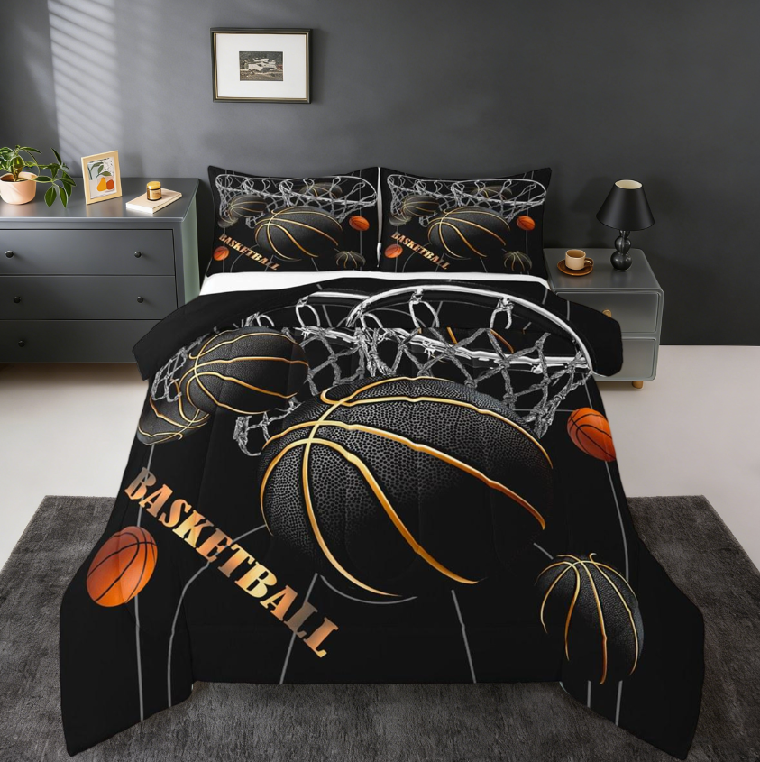 thumbnail video image 2 of jejeloiu Black Basketball Bedding Comforter Set,Ball Games Twin Comforter Sets,Black Gold Orange Bedding Set,Lightweight Room Decor Reversible,2-Piece, 2 of 9