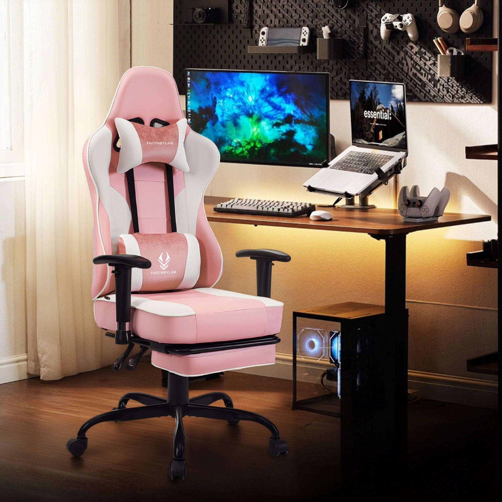 thumbnail video image 2 of JONPONY Big and Tall Gaming Chair with Footrest 400lbs Massage Gamer Chair with Memory Foam Adjustable Tilt Back Angle & Armrest, High Back Leather Computer Office Chair,Pink White, 2 of 8