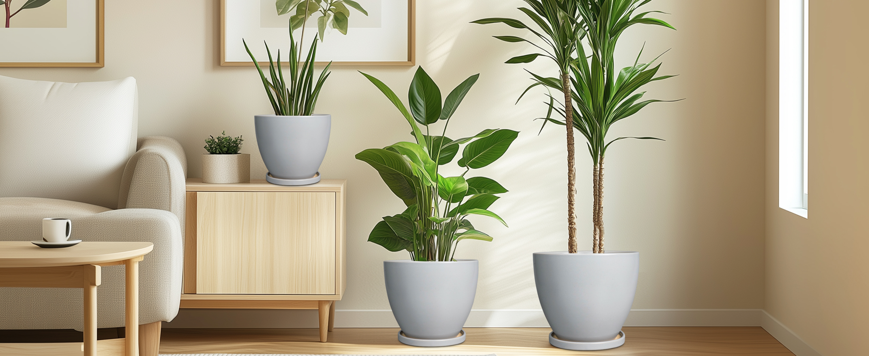 thumbnail video image 2 of Ceramic Planters Set - Round Flower Pots 6/8/10 inch with Drainage Trays  for Indoor/Outdoor  Plants for Monstera, Succulents & Herbs | Home Garden Room Decor, 2 of 8