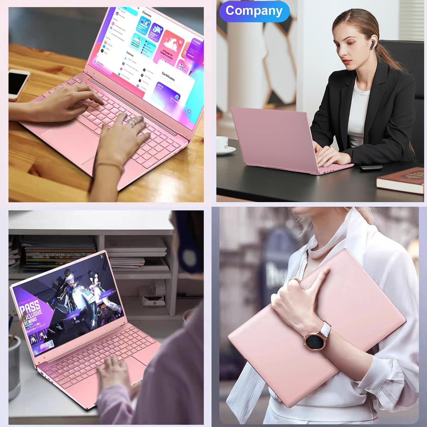 thumbnail video image 2 of 15.6" FHD Windows 11 Pro Pink Laptop Computer Office 2024 Meeting camera Backlit Keyboard Intel N5095 16GB RAM 512GB SSD Lightweight Business student Notebook PC Computer for Work WiFi5 BT 5.0, 2 of 7
