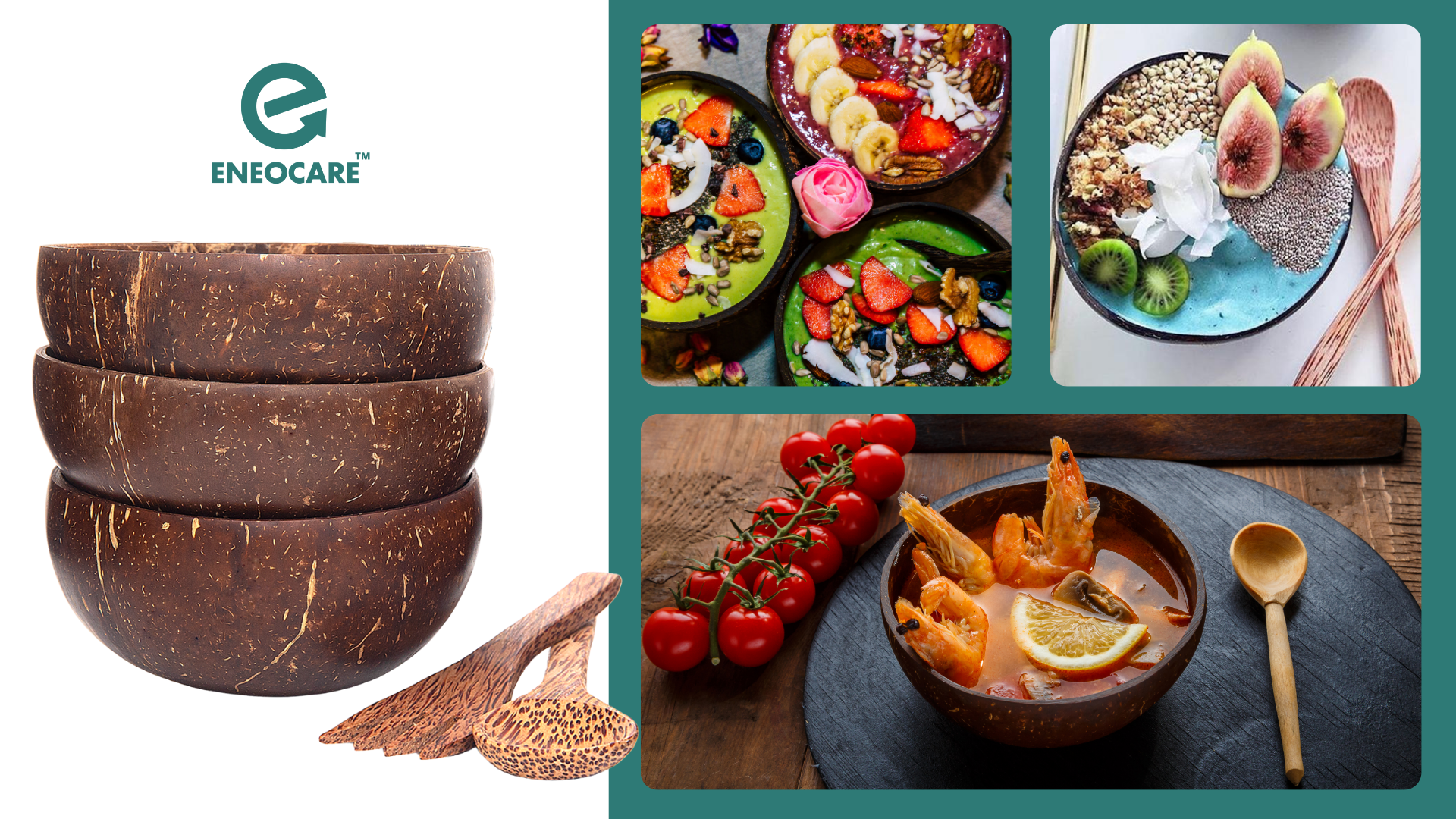 thumbnail video image 2 of Eneocare Set of 4 Natural Coconut Bowls with Wooden Spoons and Forks | Unique Gift Set, Perfect for Smoothie Bowls, Acai Bowls, Buddha Bowls, 2 of 8