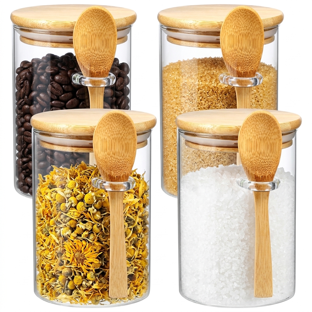 4 Pack 20 oz Glass Jars with Bamboo Lids and Spoons, Clear Overnight ...