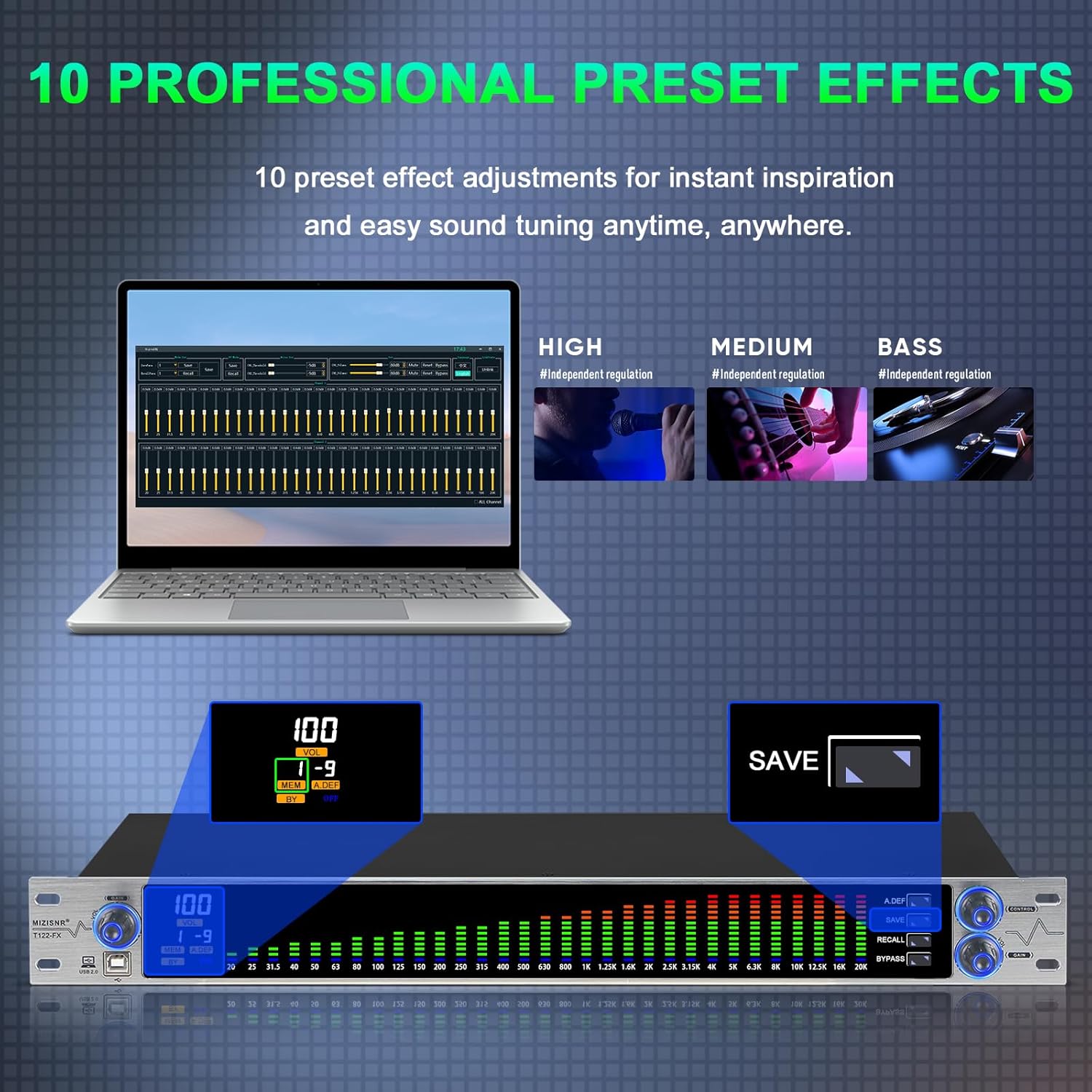 thumbnail video image 2 of Digital Equalizer for Home Stereo Audio System, Professional 31 Band Dual Channel Graphic Equalizer Music EQ with PC Tuning, Noise Reduction & Spectrum Analyzer Display - 1U Rack Mount, Silver, 2 of 11