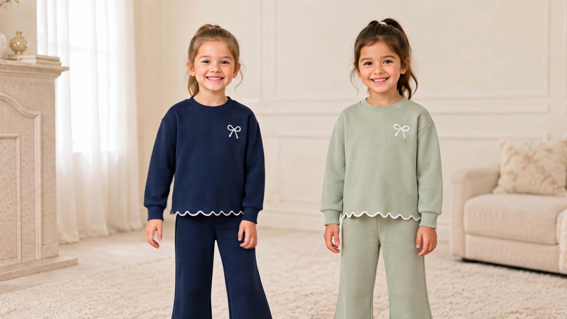 thumbnail video image 2 of HILEELANG Girls' 3-8T Navy Blue Bow Print Scalloped Casual Playwear for Kids,Soft Loungewear Outfit Sets,5Y, 2 of 14