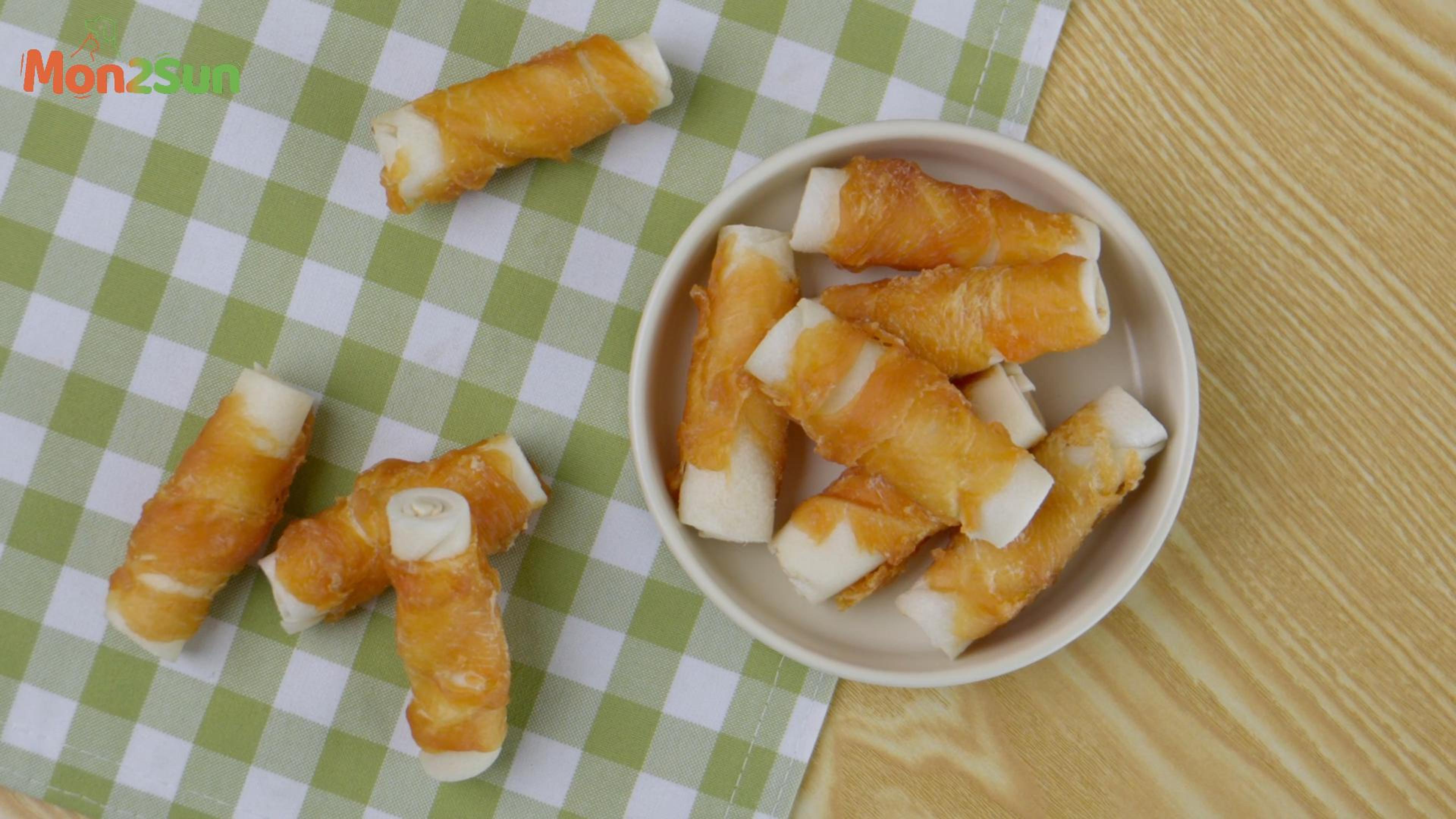 thumbnail video image 2 of MON2SUN Chicken Wrapped Rawhide Rolls Small Dog Treats, 21.2 oz (32 Count), 2 of 11