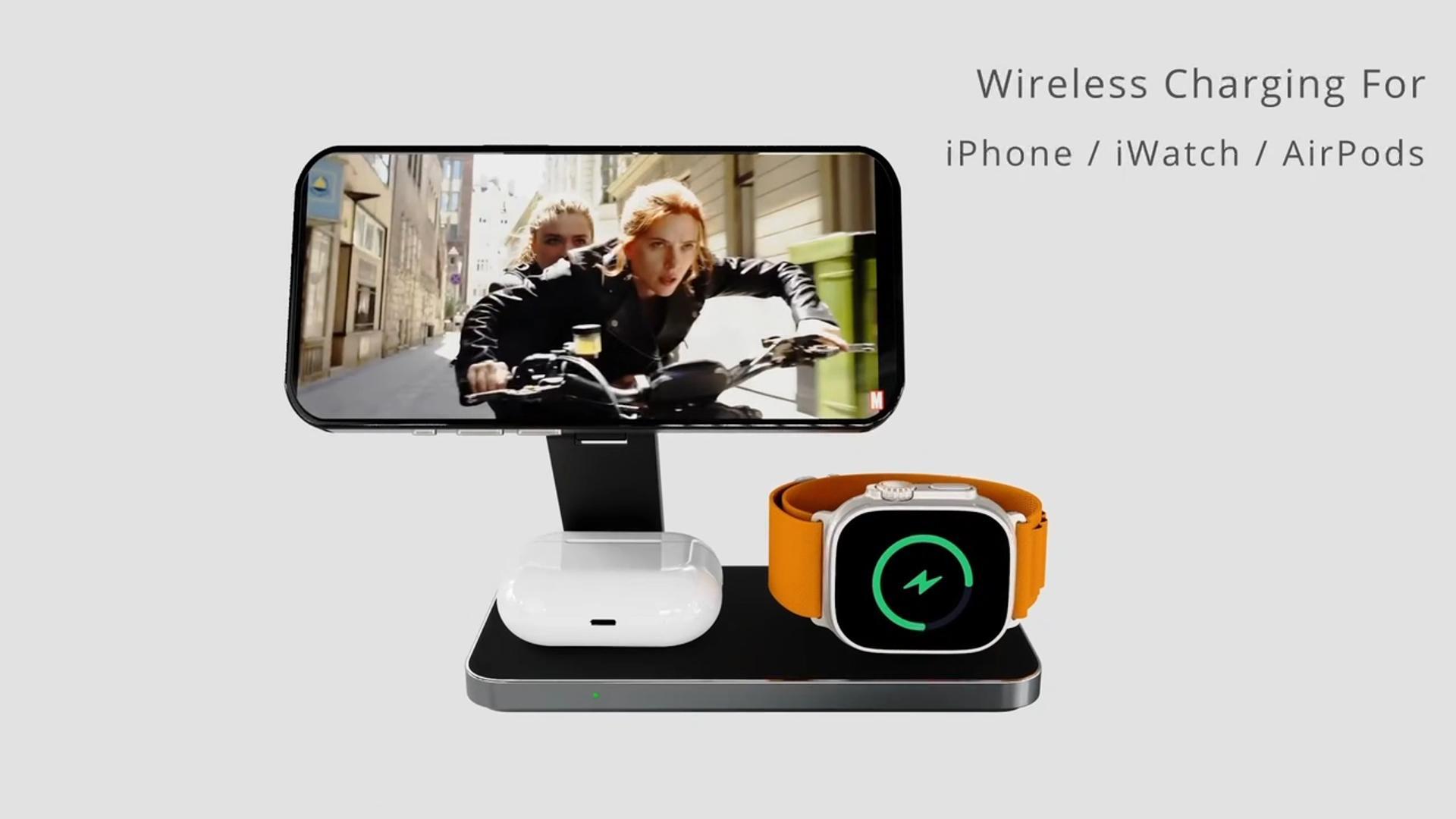 thumbnail video image 3 of 3-in-1 Magnetic Foldable Wireless Charging Station - Fast Charging Compatible with MagSafe (iPhone 16/15/14/13/12), Apple Watch 4 5 6 7 8 9 10 SE/Ultra & AirPods Pro/4/3/2, 3 of 10