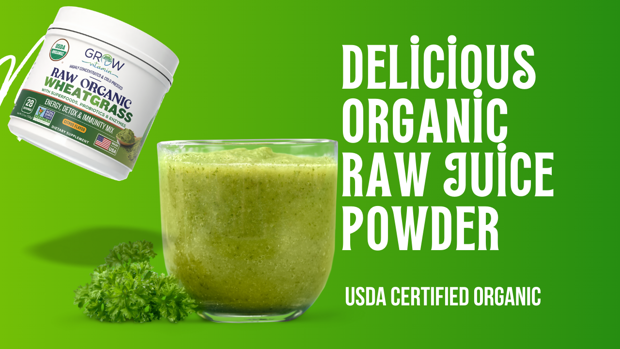 thumbnail video image 2 of Grow Vitamin Organic Wheatgrass Juice Powder USDA Certified Lemon Flavor 8 oz, 2 of 13