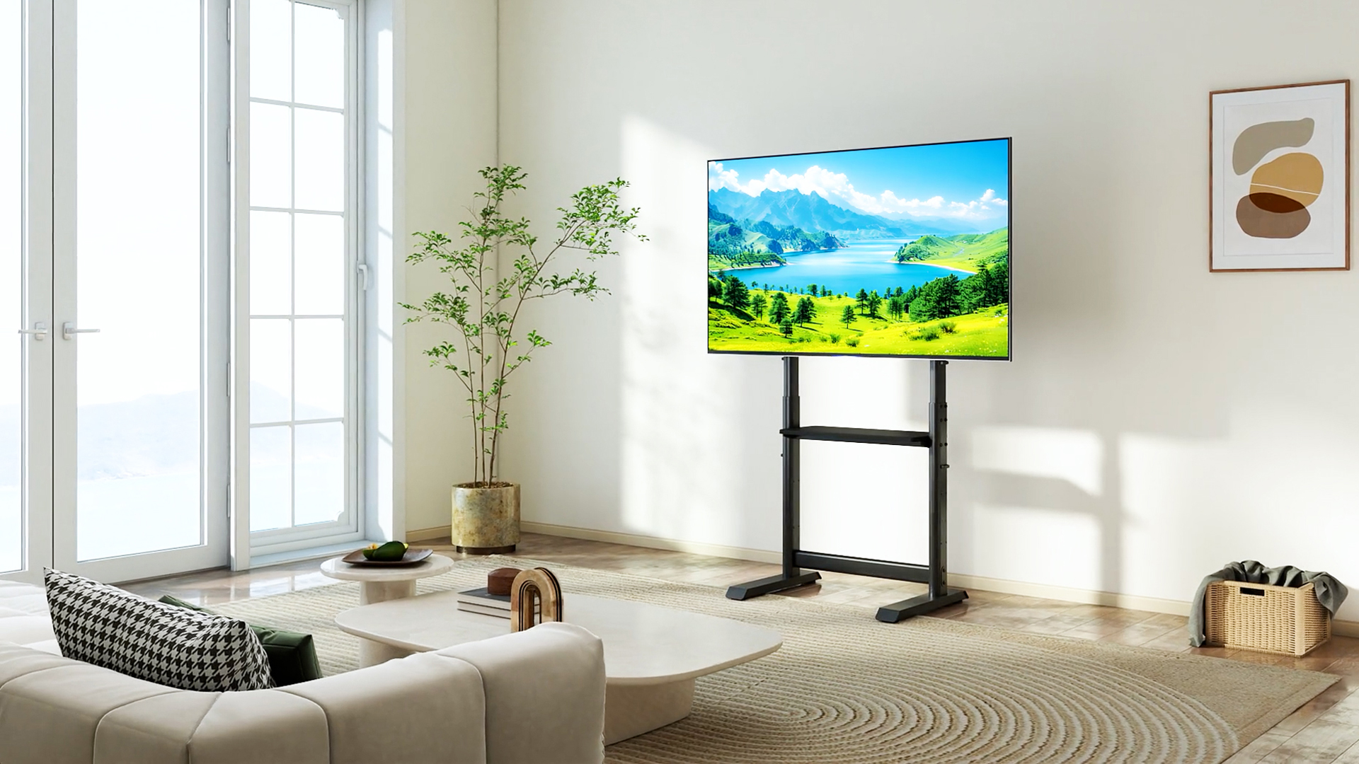 thumbnail video image 2 of RTVR Floor TV Cart Stand with Mount for 55 to 100 inch Screens up to 150 lbs Heavy Duty Conner TV Stand, Black, 2 of 9