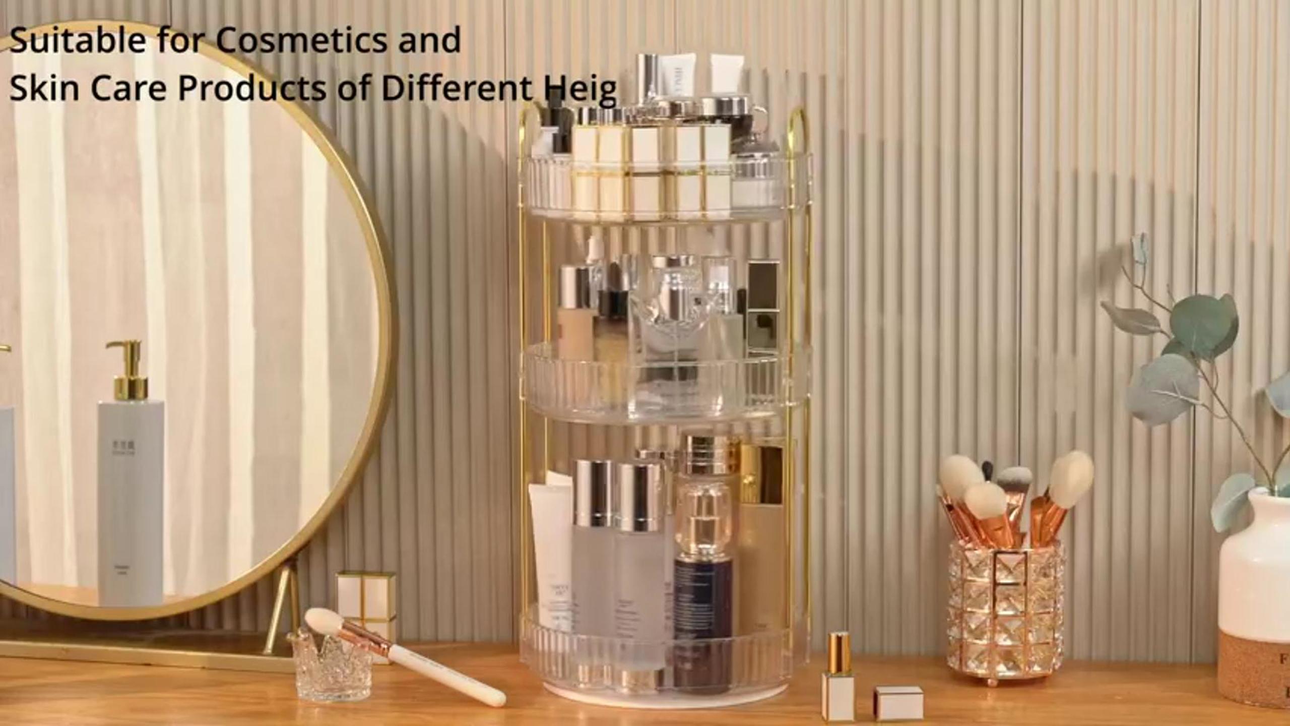 thumbnail video image 2 of Kisportee Makeup Organizer for Vanity, 3 Tier 360° Rotating Make Up Storage Perfume Organizers for Bathroom Counter, Clear Cosmetic Dresser Lipstick Spinning Holder, 2 of 10