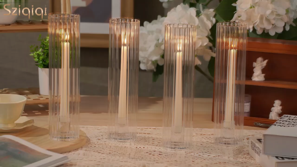 thumbnail video image 2 of Sziqiqi Set of 10 Ribbed Glass Hurricane Candle Holders: 11.8" Tall Fluted Taper Candle Sticks with Heavy Base Windproof Centerpiece for Dining Table Wedding Decor (Candles Not Included), 2 of 8
