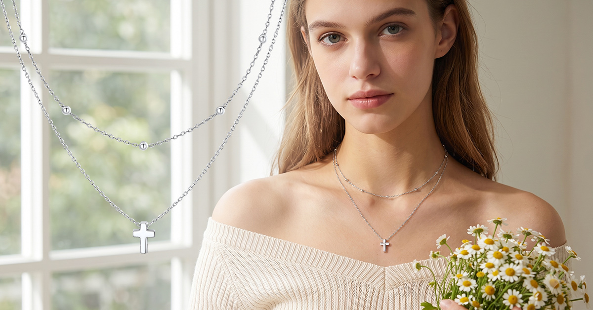 thumbnail video image 2 of KeyStyle Cross Necklace for Women Hypoallergenic Stainless Steel Double Layered Cross Pendant Christmas Easter Christian Jewelry Gift, 2 of 10