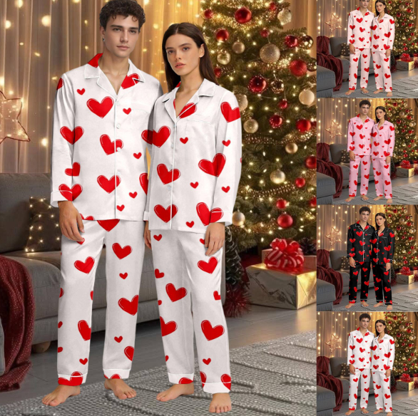 thumbnail video image 2 of HNMKIU Matching Couples Pajamas Valentine's Day Heart Print V-Neck Long Sleeve Pants Button Closure Cozy Sleepwear 03_White,S, 2 of 6