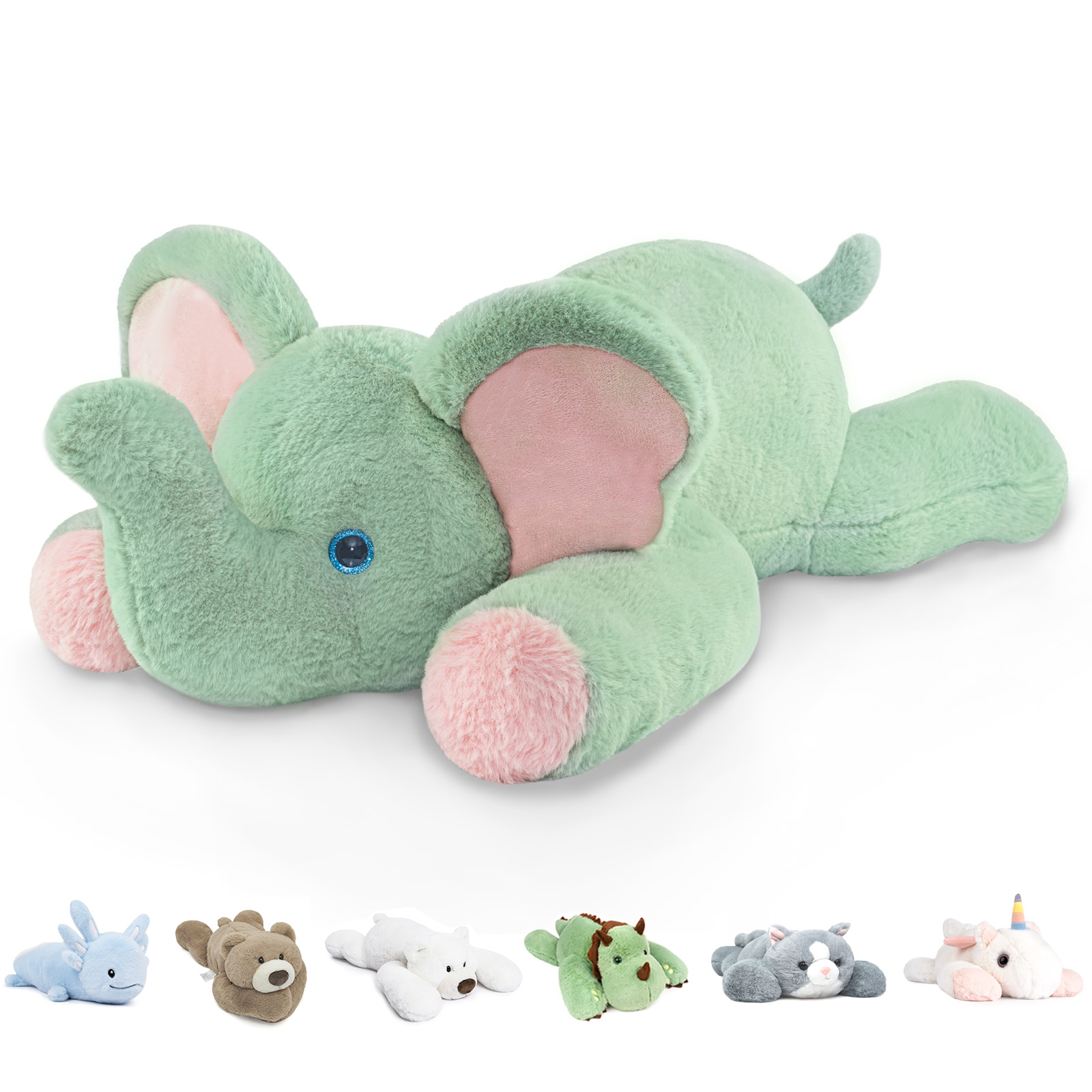 thumbnail video image 2 of Niuniu Daddy Weighted Green Elephant Stuffed Animal - 20"Large Plush Toy, 3.3-Pound Giant Weighted Plushie Pillows with Soft Faux Fur, Gift for Kids, Adults & Babies, 2 of 13