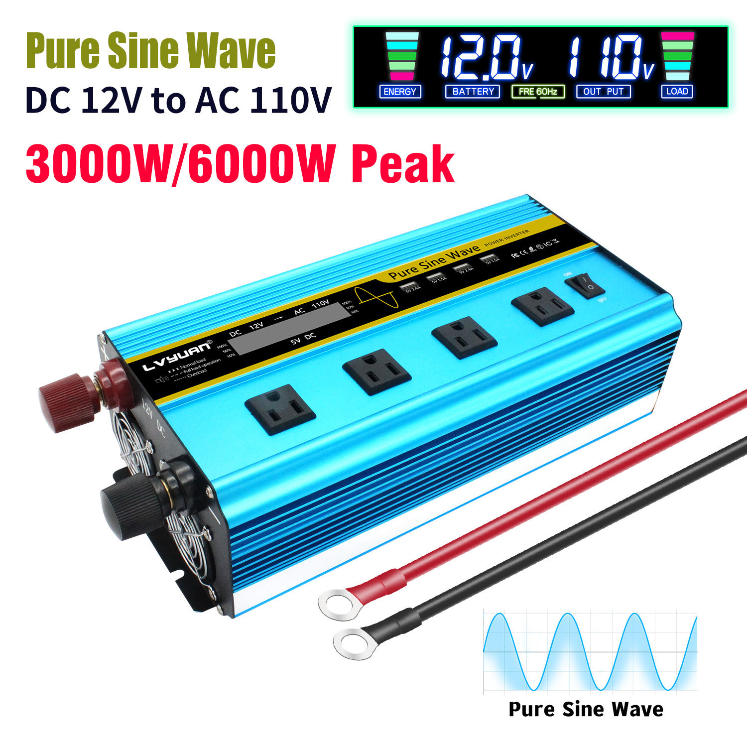thumbnail video image 2 of 3000W 6000W Peak Pure Sine Wave Power Inverter Car Converter DC 12V to AC 110V/120V with 4USB & 4AC Outlets, LCD Display, Remote Control for Car, RV, Camping, Outdoor & Home Emergency Use Blue, 2 of 12