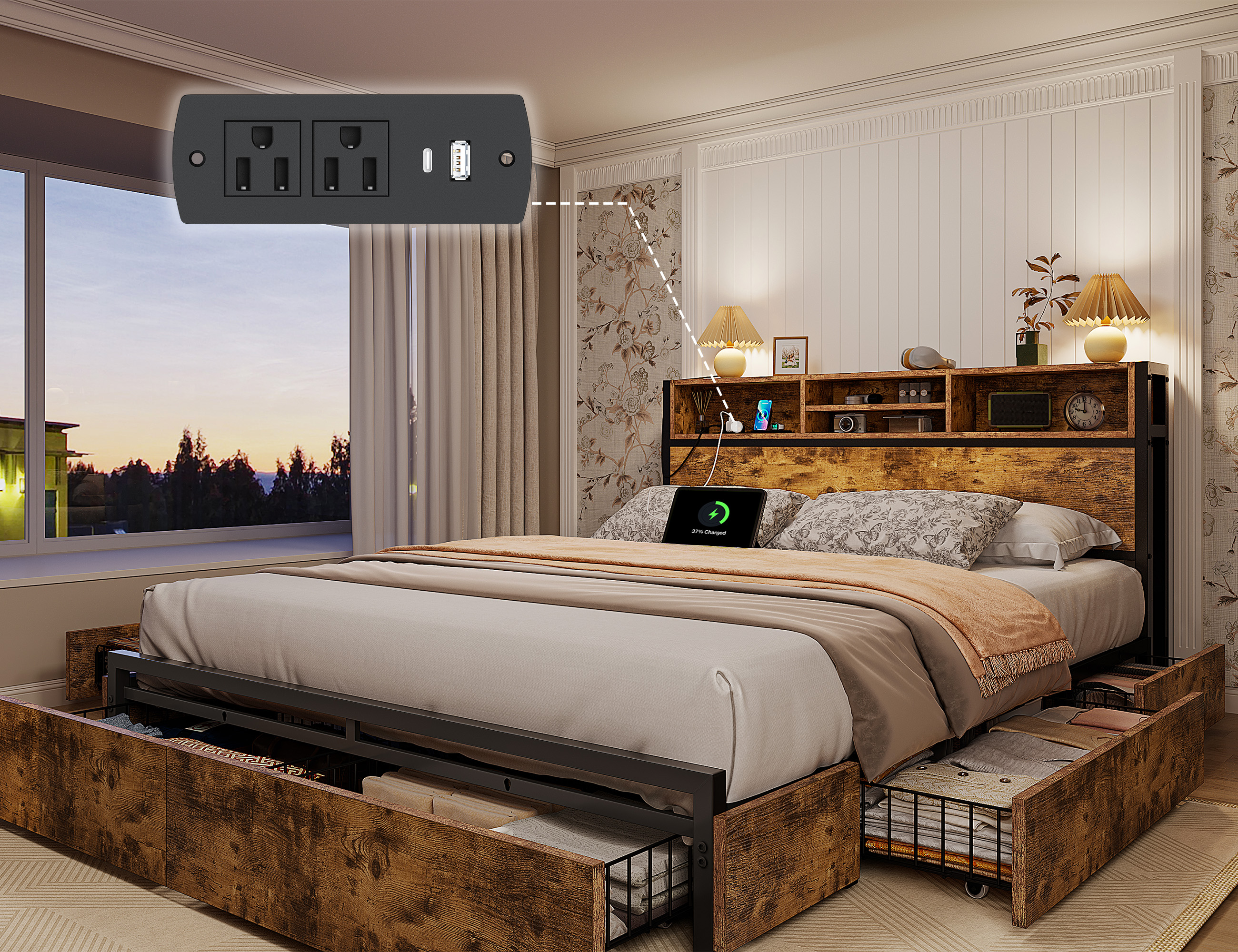 thumbnail video image 2 of EnHomee Full Bed Frame with Headboard Metal Bed Frame with 6 Storage Drawers &  Charge Station, 2 of 8