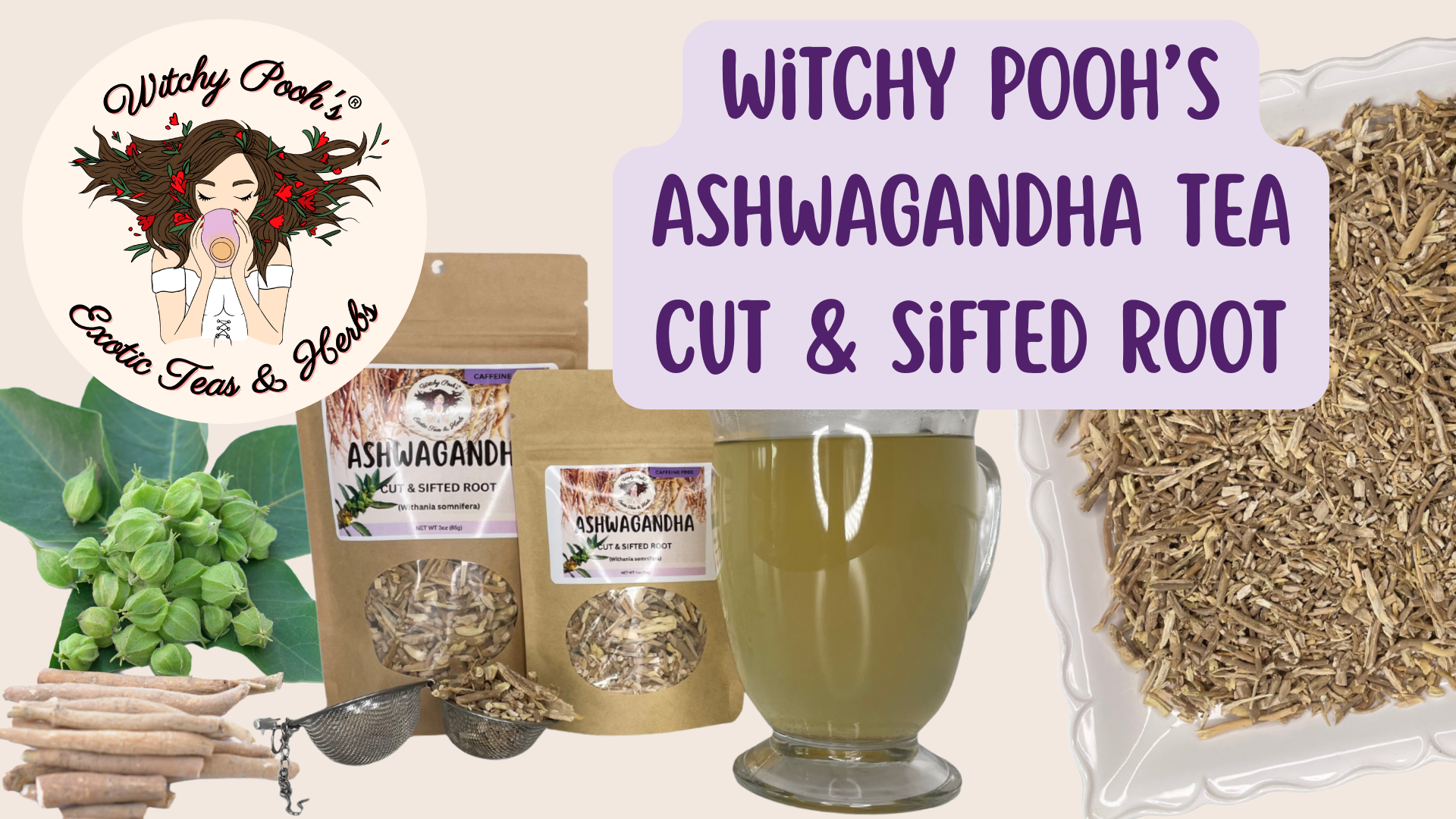 thumbnail video image 2 of Witchy Pooh's Ashwagandha Tea, Cut & Sifted Root, Caffeine Free, 3oz Pouch, 2 of 6