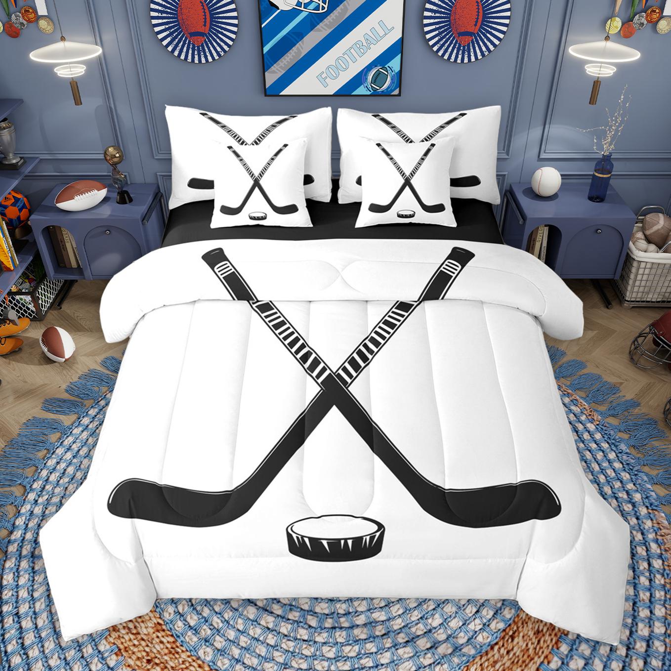 thumbnail video image 2 of Manfei Boys Ball Game 7-Piece Twin Bedding Sets,Ice Hockey Rink Bedding Comforter Set,White Black Sheet Sets For Kids Boy,Microfiber Bedroom Decor Reversible, 2 of 9