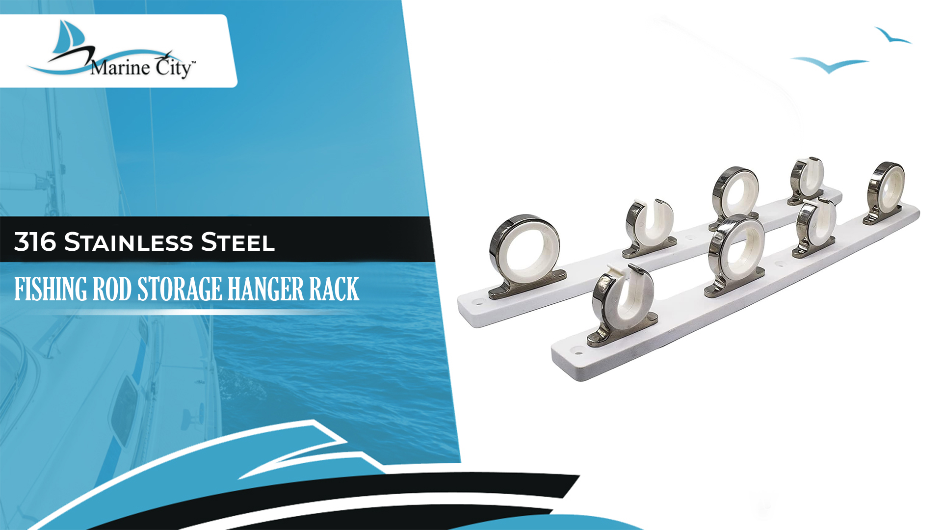 thumbnail video image 2 of MARINE CITY Fishing Rod Storage Hanger Rack, 4-Rod Reel with White Poly Board, 316 Stainless Steel, Length 2.71 Inches for Boats Yachts Cars & Marine Use, 2 of 8