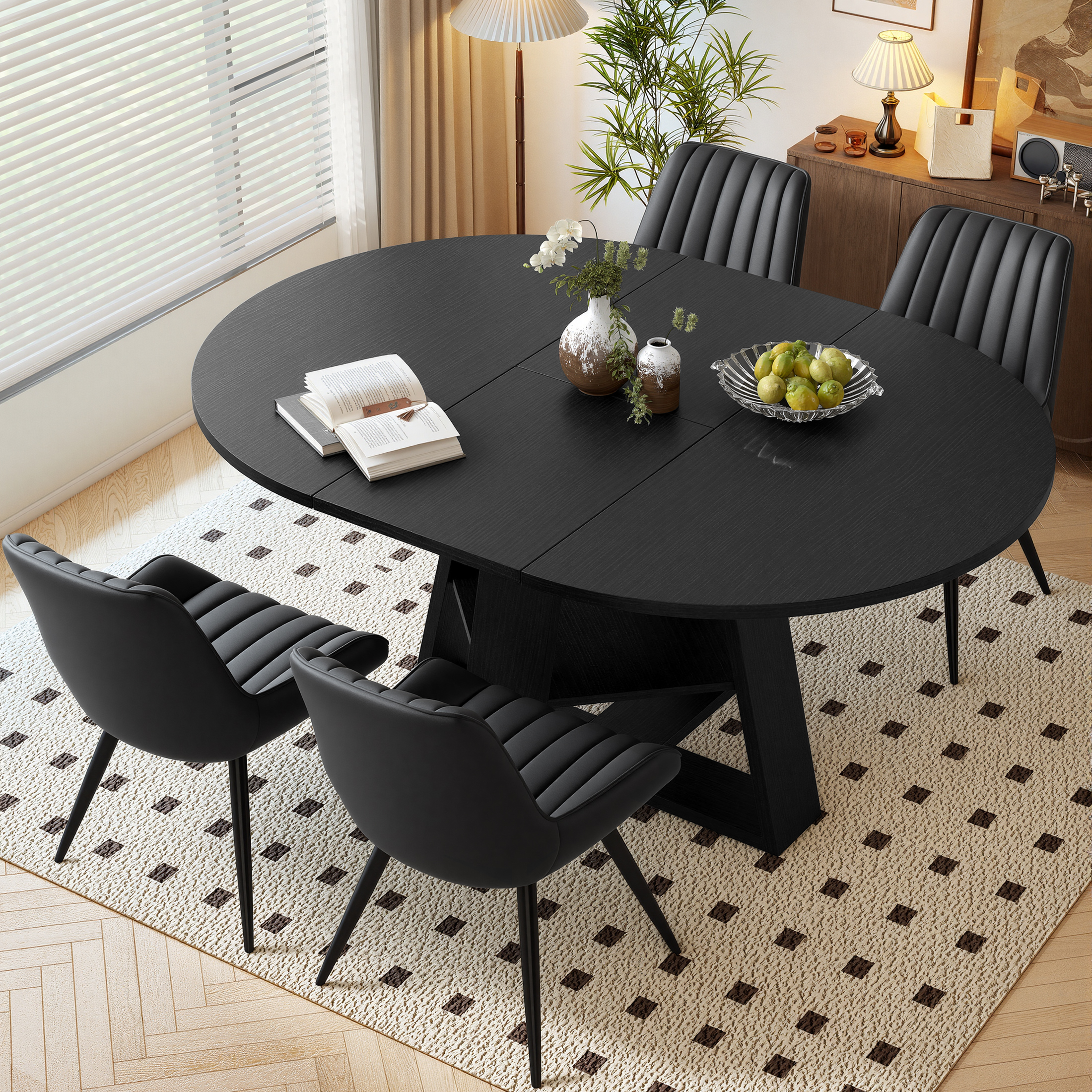 thumbnail video image 2 of Hawsaiy Extendable Round to Oval Dining Table Set for 4–6, Space-Saving Wooden Table with Hidden Storage, Expandable Dining Table with Upholstered Chairs(Walnut Table+4 White Chairs), 2 of 10