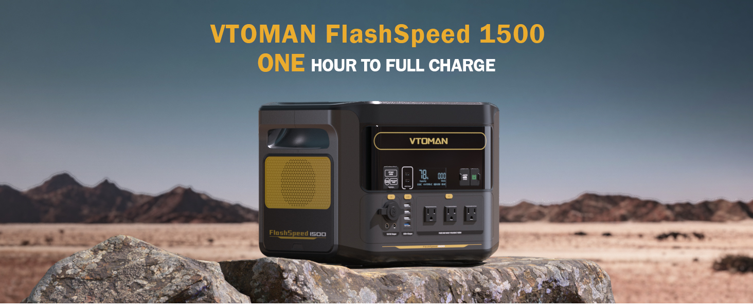 thumbnail video image 2 of VTOMAN FlashSpeed 1500 Portable Power Station, 1548Wh 1Hour Fast Charge LFP Battery Solar Generator 1500W (3000W Peak) for Vehicle Jump Start Outdoor Camping off-grid Power Outage, 2 of 11