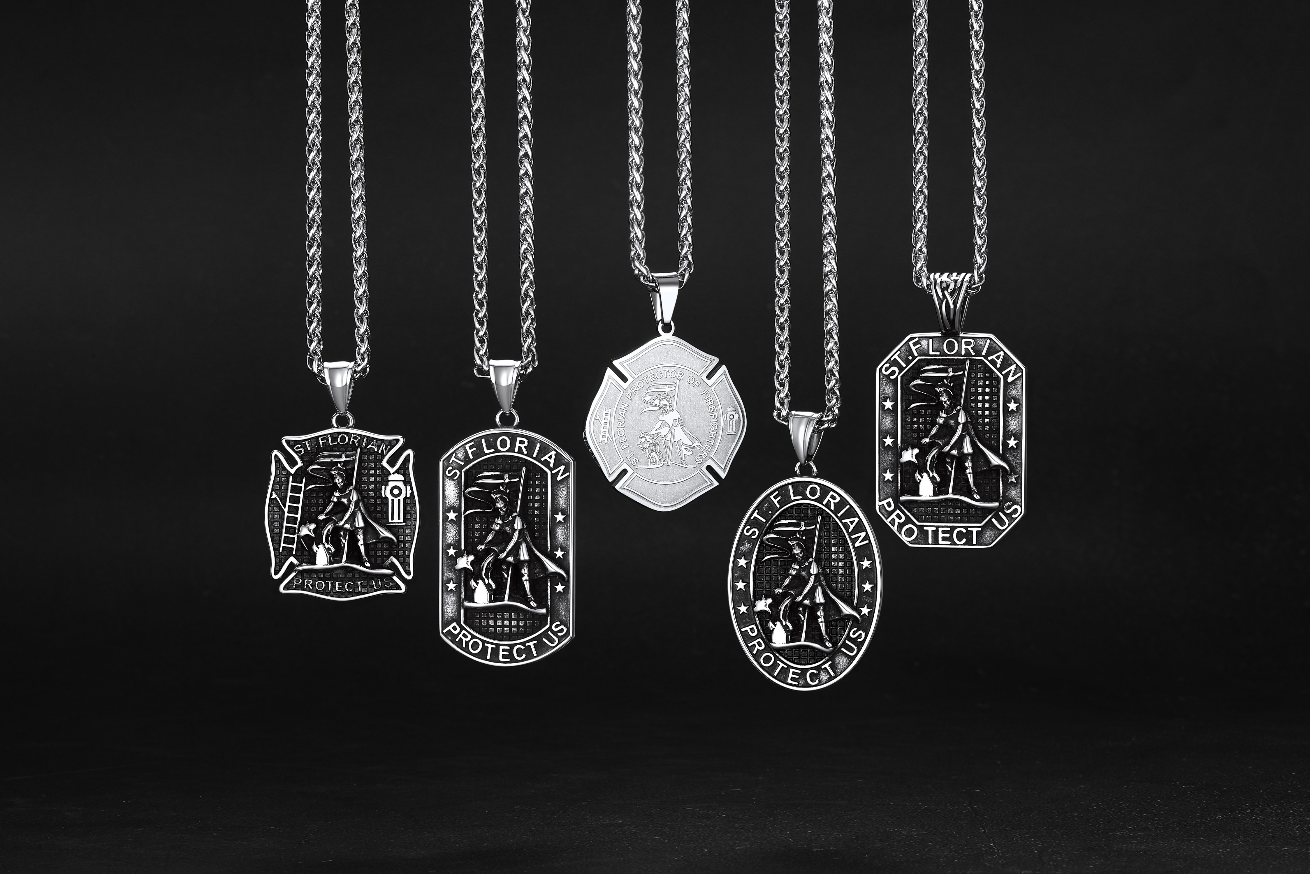 thumbnail video image 2 of FaithHeart St Florian Firefighter Necklace for Men, Black Stainless Steel Protection Amulet Shield Medal Pendant Necklaces Religious Catholic Jewelry Gifts for Police Father Son Baptism Christmas, 2 of 8