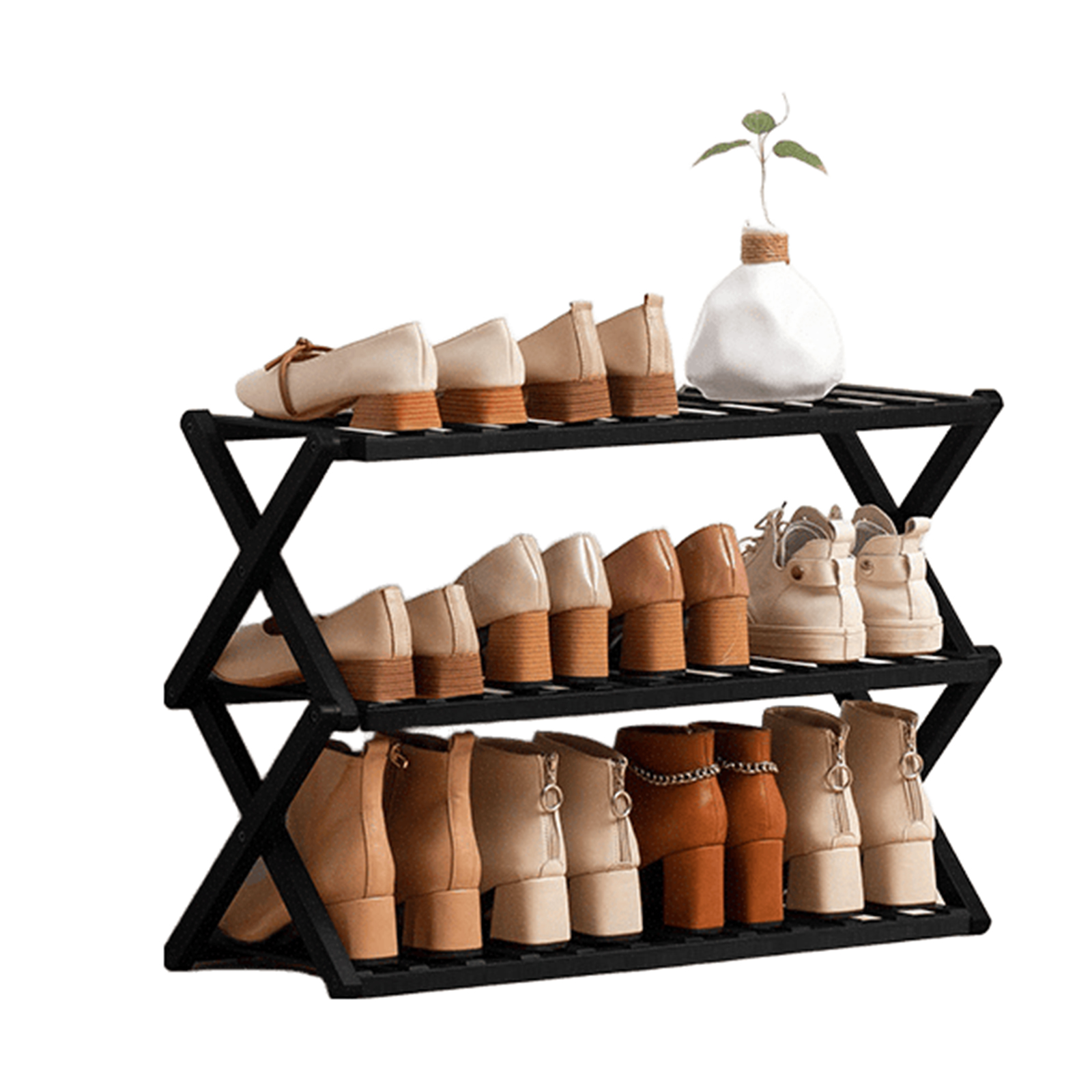 thumbnail video image 2 of Buric Bamboo 4-Tier Shoe Shelf Foldable Bamboo Shoe Rack Multifunctional Free Standing Shoe Shelf Storage Organizer，Black, 2 of 8