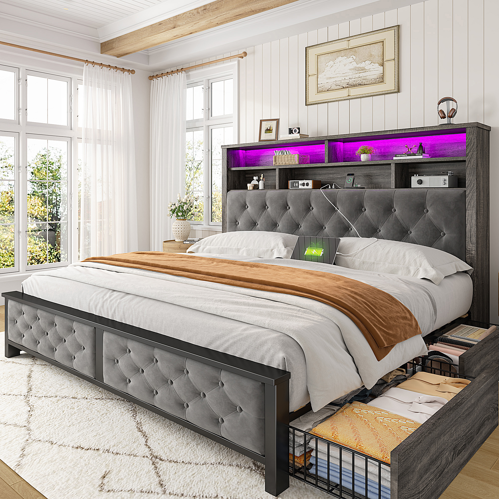 thumbnail video image 2 of EnHomee Full Size Bed Frame with Headboard and Storage Drawers Bed Frame Full NO Box Spring Needed Full Bed Frame with 2-Tier Storage Shelf & LED Lights & Charging Station, 2 of 9
