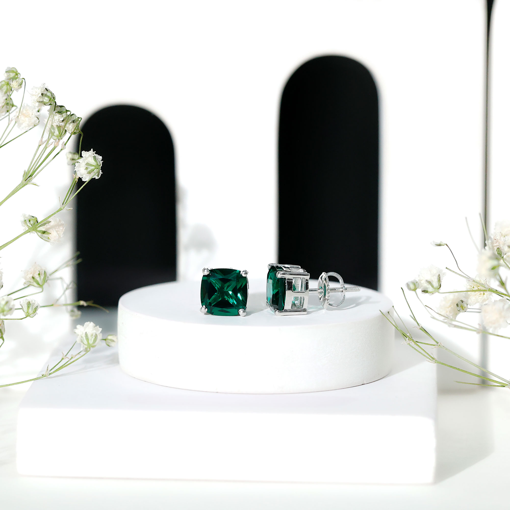 thumbnail video image 2 of Rosec Jewels 2.75 CT Cushion Cut Lab Created Emerald Stud Earrings for Women, Lab Created Emerald Solitaire Earrings, 10K White Gold, 2 of 7