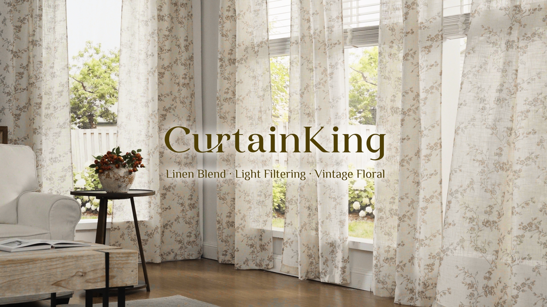 thumbnail video image 2 of CURTAINKING Floral Linen Blend Curtains Light Filtering 96 Inch Window Curtains for Living Room Bedroom Farmhouse Vintage Window Treatment Rod Pocket Green, 2 of 11
