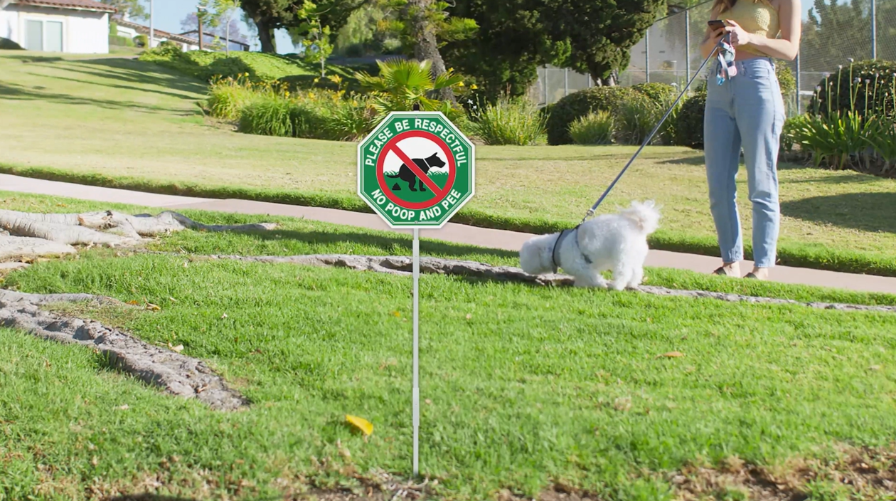 thumbnail video image 2 of Faittoo No Peeing No Pooping Dog Sign with 42" Stake for yard, 10"x10" Rust Free Heavy Reflective Aluminum, 2 of 7