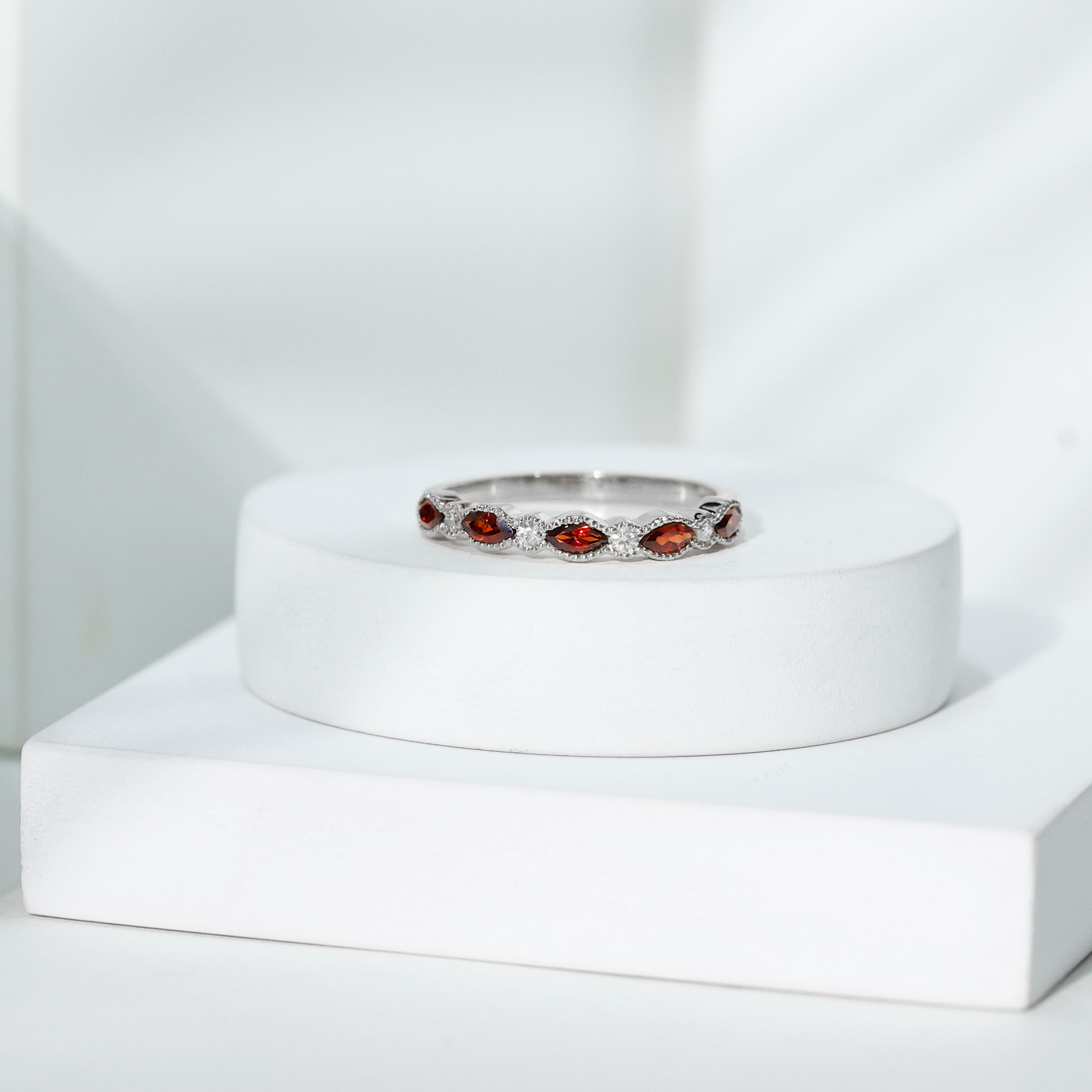 thumbnail video image 2 of Rosec Jewels Natural Garnet Half Eternity Ring in East West Style (AAA Quality) - Marquise Garnet Diamond Ring - Ready to Gift, 10K White Gold, US 4.50, 2 of 8