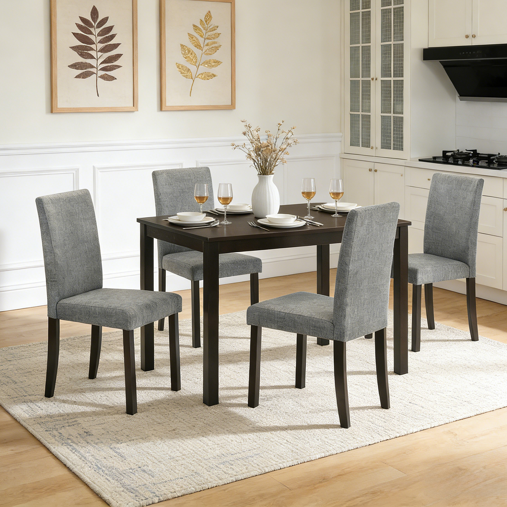 thumbnail video image 2 of Leovanni Modern 43.3" 5-Piece Solid Wood Dining Table Set with 4 Upholstered High Back Chairs, Rectangular Kitchen & Dining Room Set, Heavy-Duty 500 lbs Table, Ergonomic Seating, Espresso, 2 of 7
