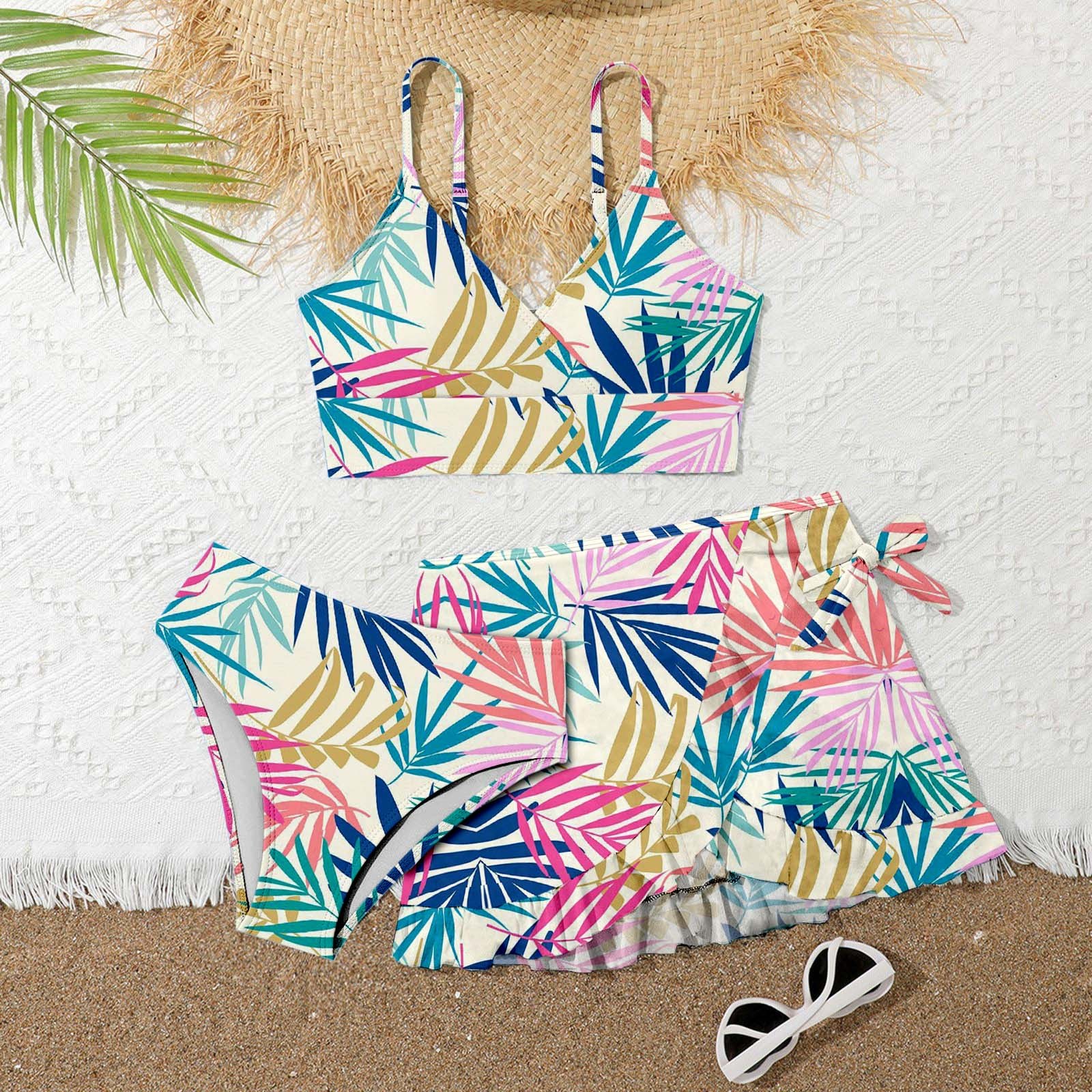 thumbnail video image 2 of SGMVNU Girls 3 Piece Swimsuit, Strappy Printed Bikini Set Bathing Suit with Mesh Cover Ups Skirt, Beach Swimwear Set (2-Multicolor, Size 15-16 Years), 2 of 4