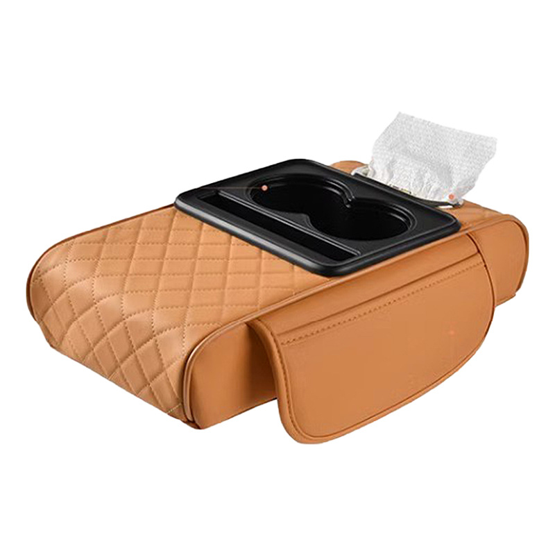 thumbnail video image 2 of 5-in-1 PU Leather Car Armrest Box Mat – Multifunctional Center Console Cover with Cup Holder, Tissue Slot & Phone Holder for Most Cars, 2 of 8