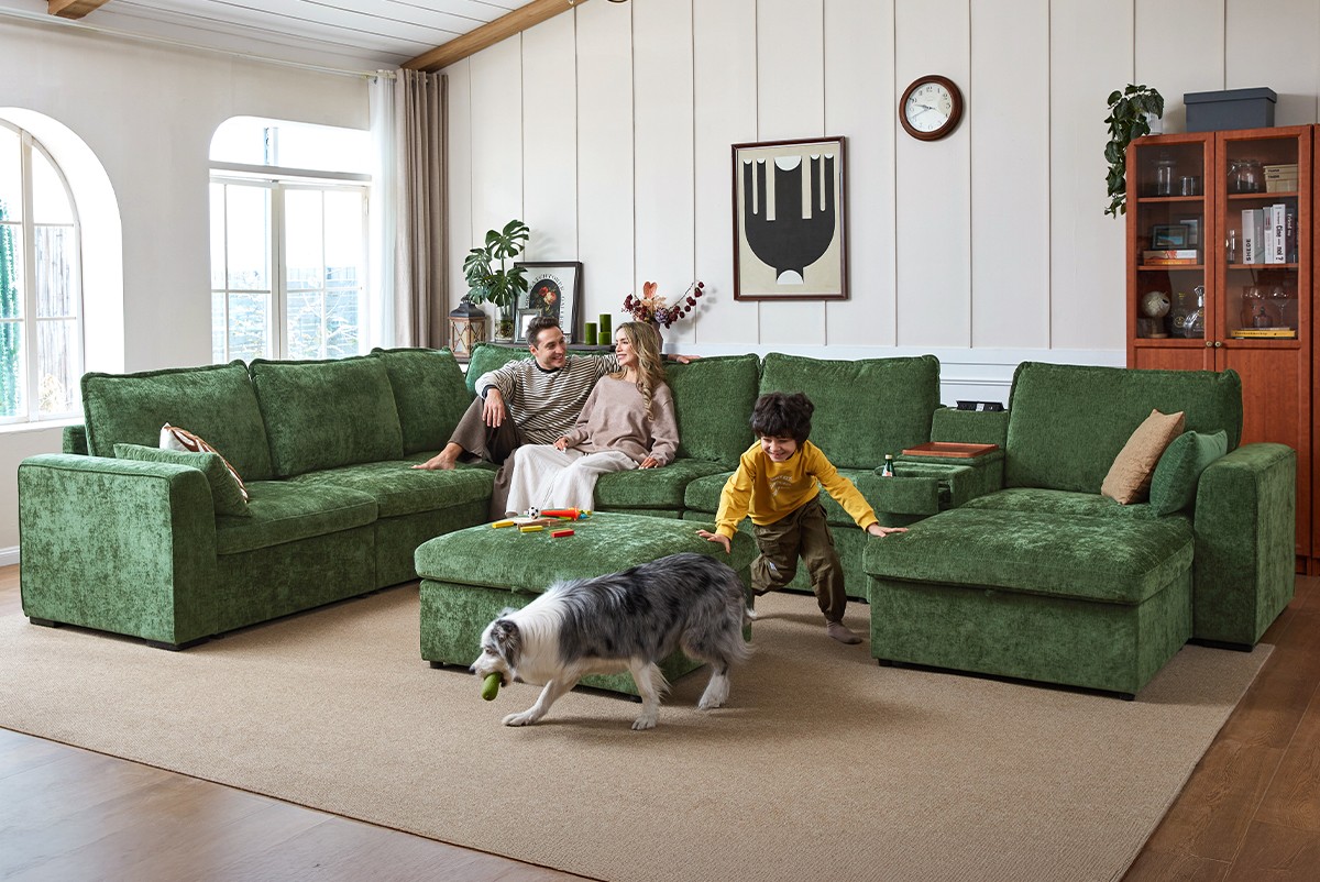 thumbnail video image 2 of BEDEEP 152.4'' Modular Sectional Sofa with Console Charging Station, U Shaped Chenille Cloud Couch with Storage Ottoman, Convertible 6-Seat Deep Sofa with Chaise for Living Room, White, 2 of 9