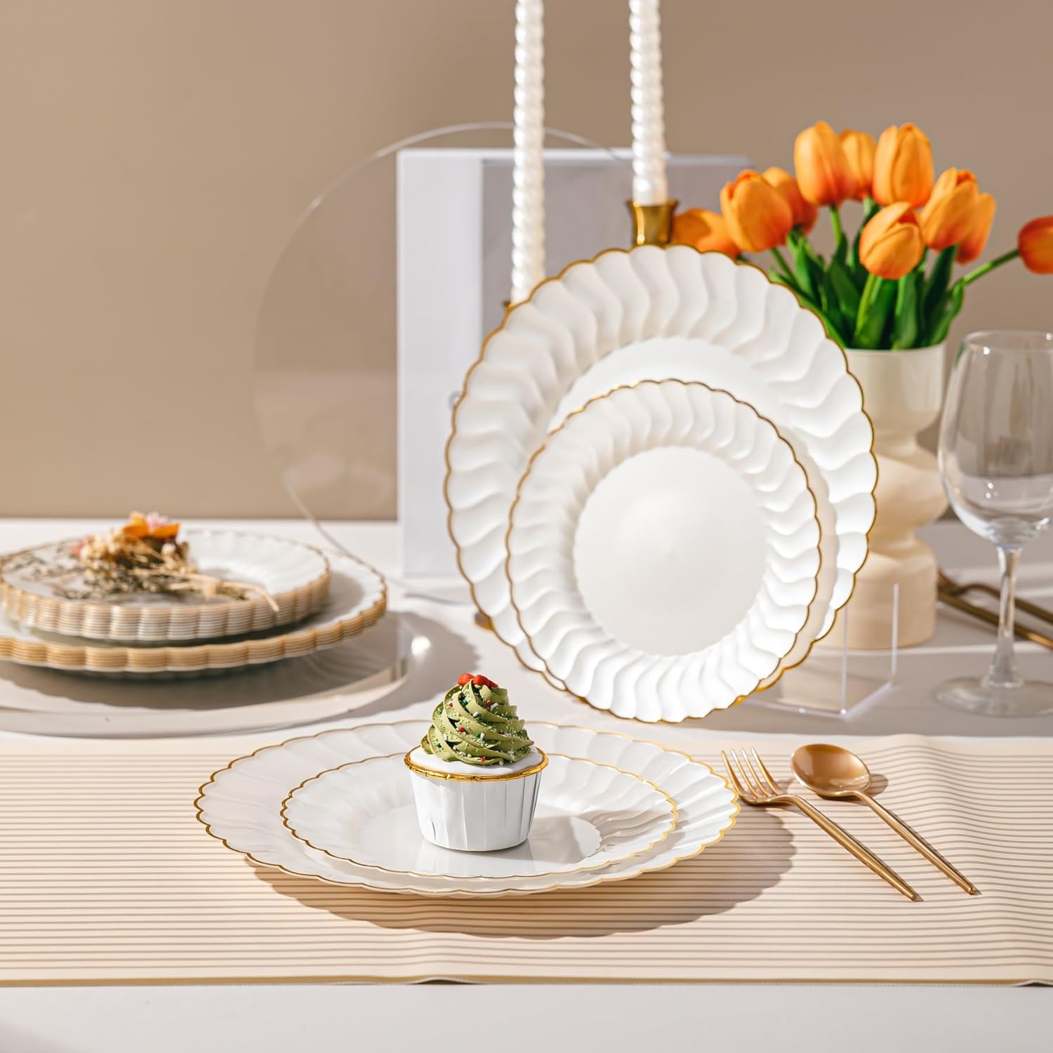 thumbnail video image 2 of White Plastic Plates with Scalloped Gold Rim - Heavy Duty Reusable Dinnerware Set for Weddings & Parties, 2 of 11