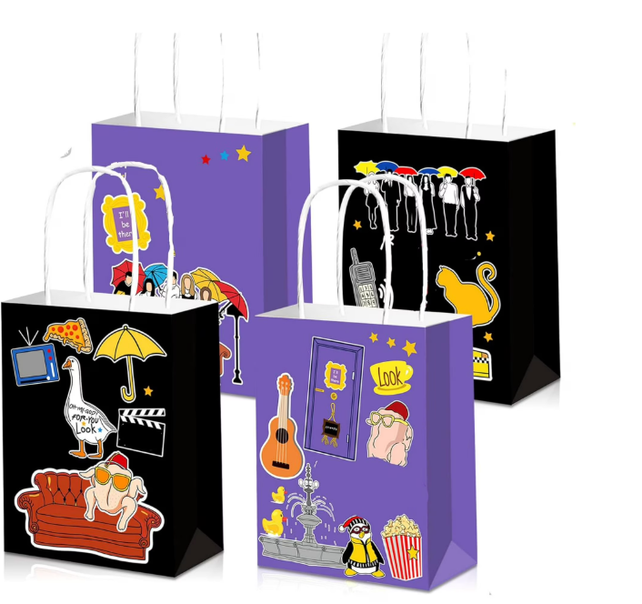 thumbnail video image 2 of Friends Theme Party Gift Bag 12 Pack - Remember the classic retro elements double-sided design Black and purple two-color nostalgic fan gift bag, 2 of 8