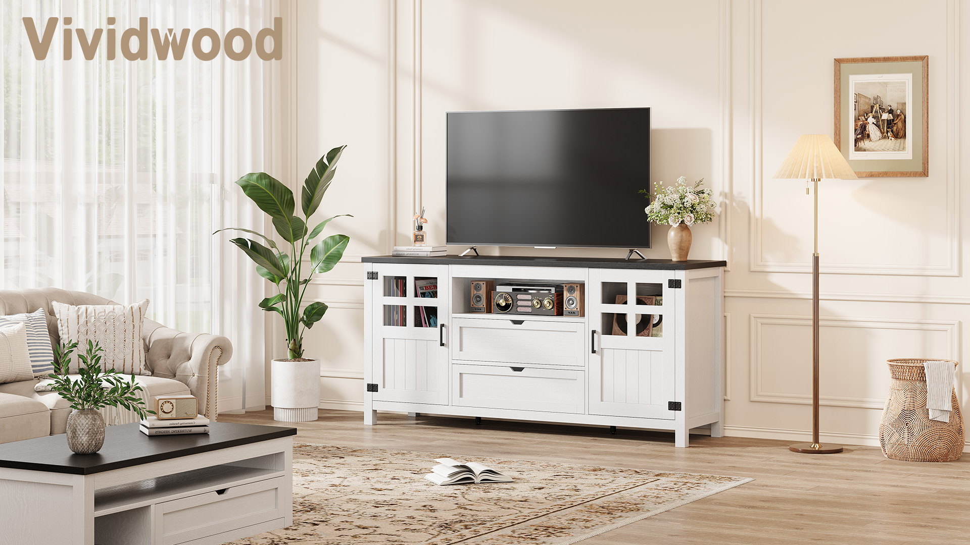 thumbnail video image 2 of Vividwood 66" Tall Farmhouse Wood TV Stand for TVs up to 75 Inch, Entertainment Center with Storage, White, 2 of 9