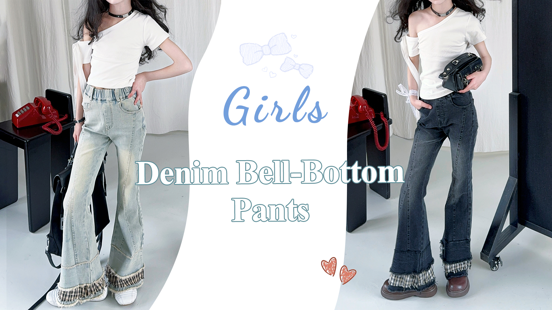 thumbnail video image 2 of Happy Cherry Flare Denim Pants Kids Skinny Bell Bottom Pants Girl Flare Leg Cute Bow Jeans Trouser Elastic Waist Bottoms with Pockets 11-12 Years, 2 of 7