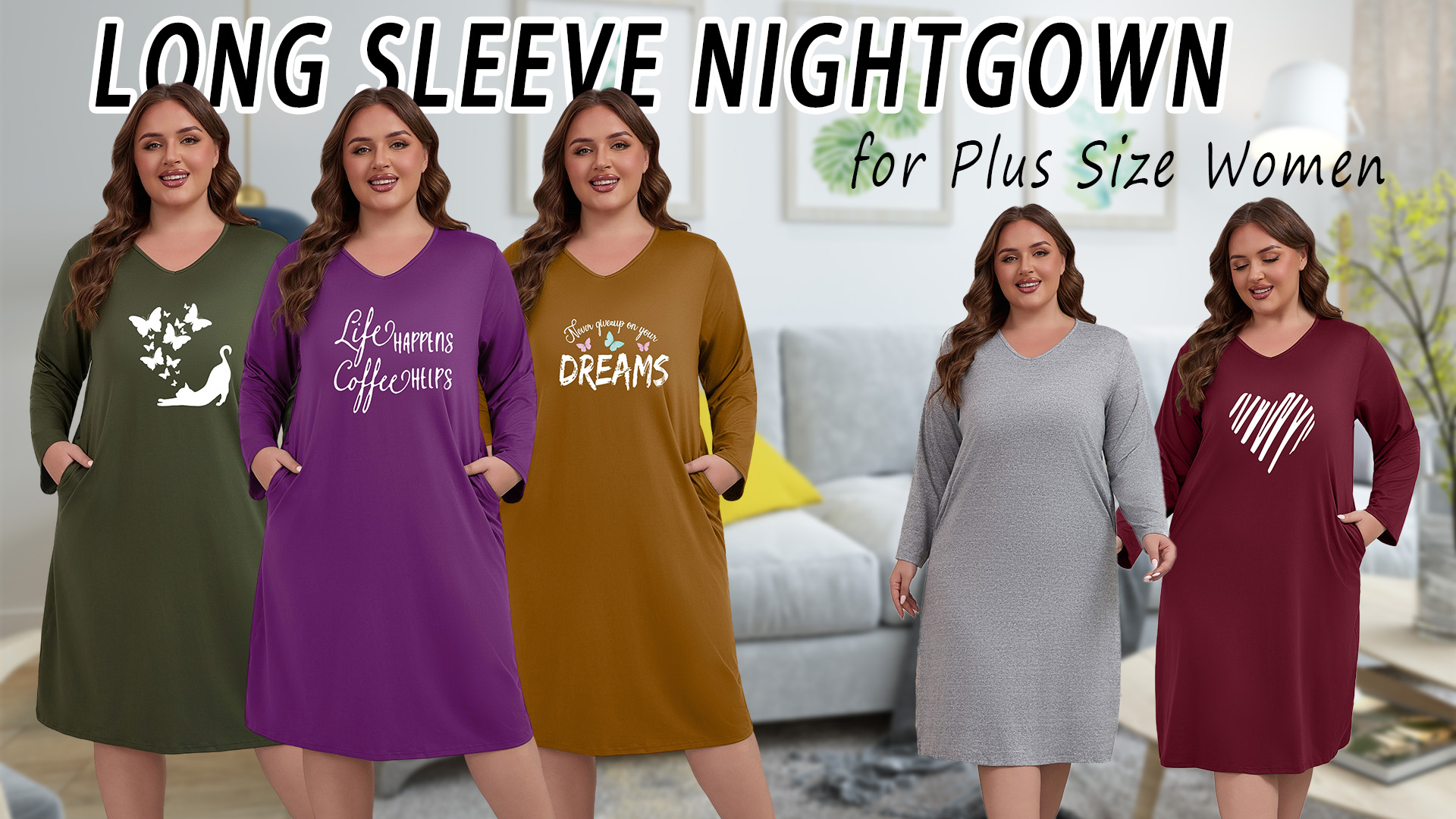 thumbnail video image 2 of PinkBeautiM Long Sleeve Nightgowns for Women Plus Size Sleepshirt Soft Loungewear with Pockets, 2 of 6
