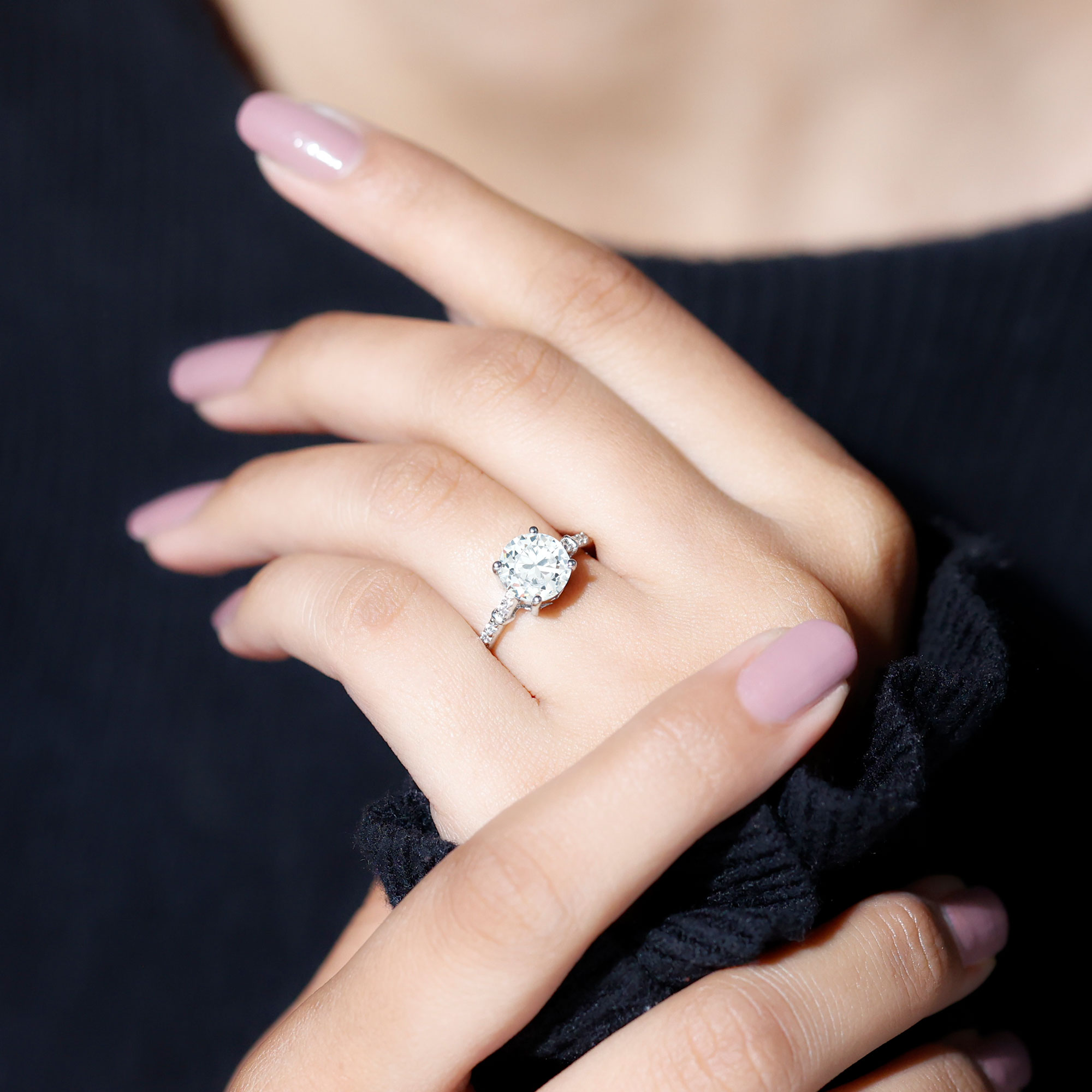 thumbnail video image 2 of Rosec Jewels Lab Created Engagement Ring with Side Stones - 8 mm Round Ring for Women (EF-VS Grade), 18K Yellow Gold, US 9.00, 2 of 9