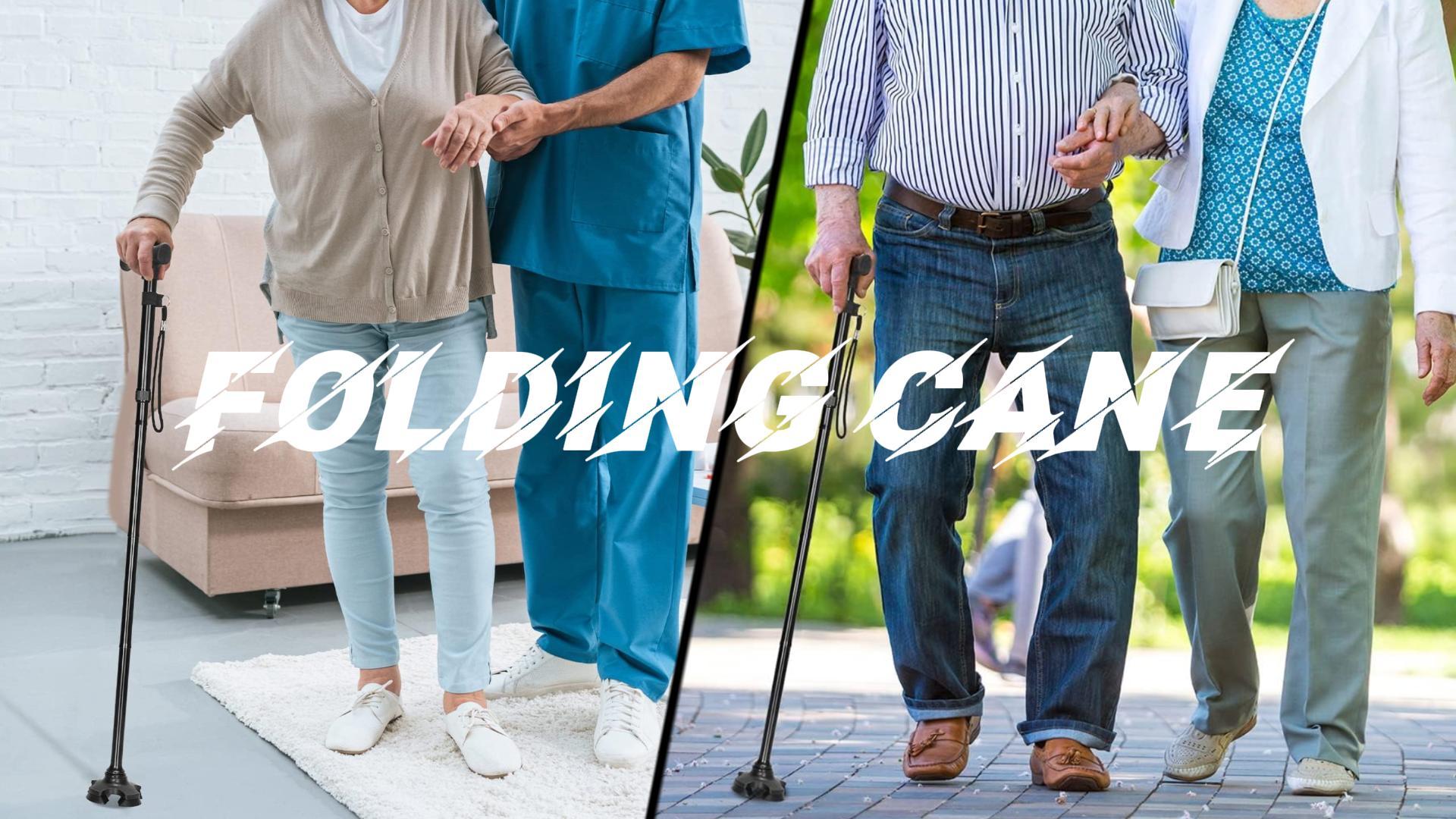 thumbnail video image 2 of SupreGear Folding Cane for Adults and Seniors, Adjustable Aluminum Walking Stick with 4-Prong Base, Floral Black, 2 of 8
