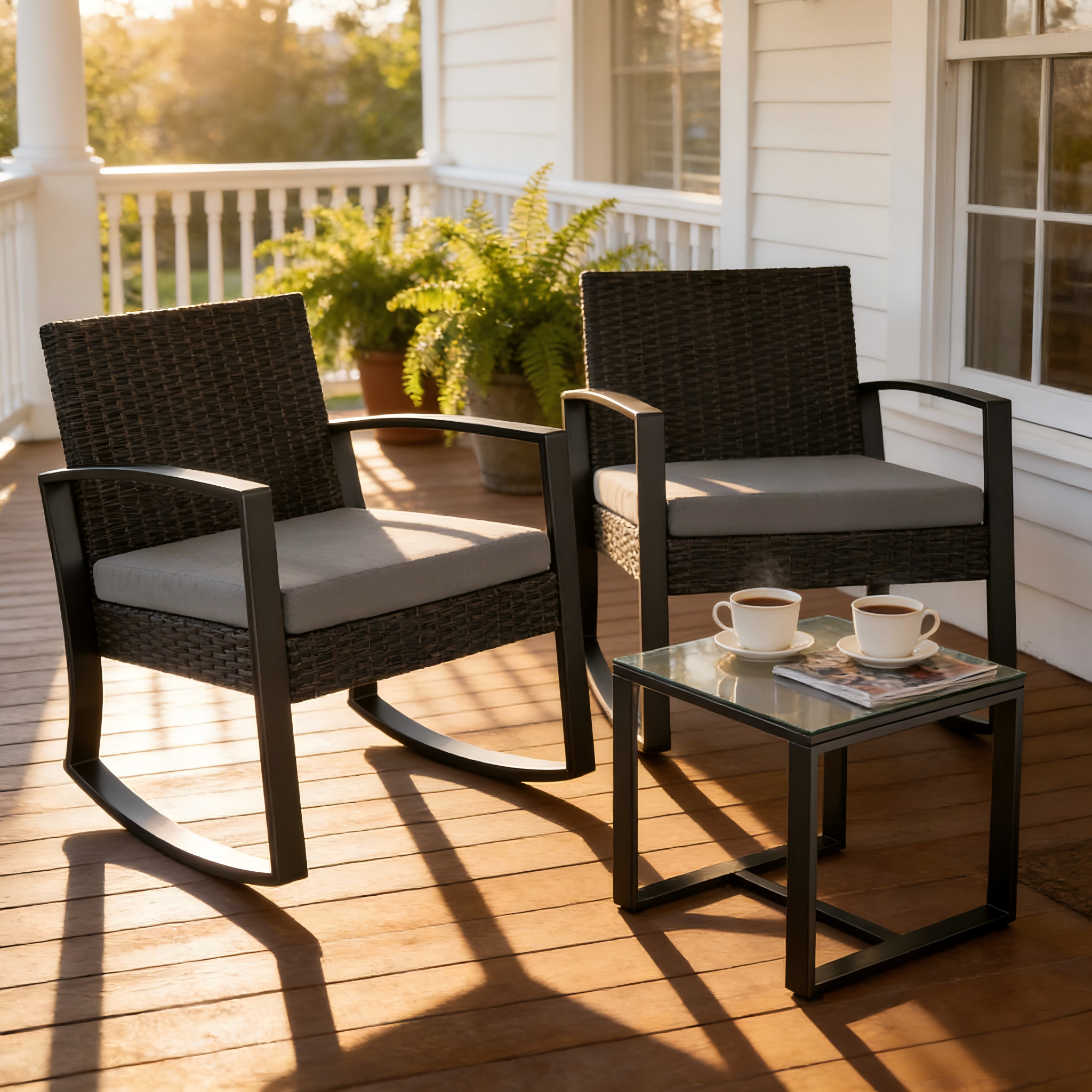 thumbnail video image 2 of Patio Furniture Set Clearance, 3 Pieces Rocking Wicker Chair with Soft Cushion and Glass Coffee Table, for Garden, Balcony, Backyard, Gray, 2 of 15